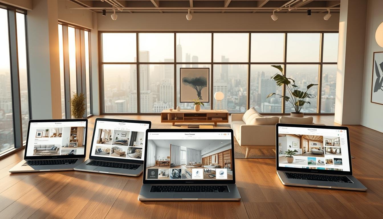 A clean, well-lit interior design showroom with large windows overlooking a city skyline. In the foreground, several popular interior design platforms are displayed on sleek, modern laptops and tablets, showcasing their intuitive interfaces and stunning visuals. The middle ground features minimalist Japandi-style furniture and decor, highlighting the synergy between Scandinavian and Japanese design aesthetics. The background is bathed in warm, natural lighting, creating a serene and inspiring atmosphere for exploring the best interior design websites.
