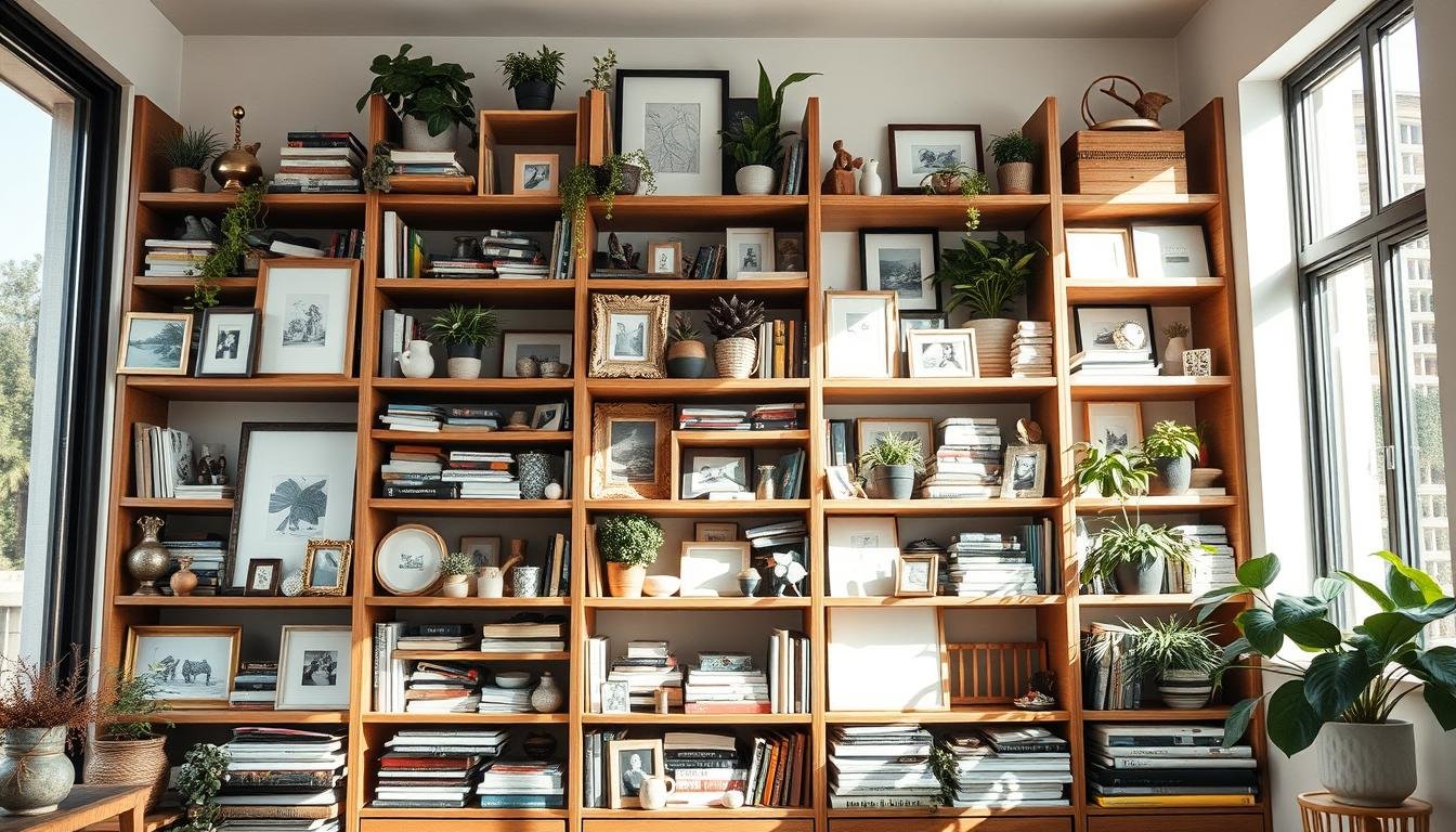 A cluttered bookshelf with mismatched items, haphazardly arranged, bathed in soft, natural light filtering through large windows. Trinkets, frames, and plants are crammed together without any cohesive design, creating a visually overwhelming scene. The Japandi-inspired, minimalist interior contrasts sharply with the disorganized shelf, highlighting the common mistakes of over-styling and lack of intentionality. Captured from a low angle, the image emphasizes the chaotic nature of the poorly curated display, serving as a cautionary tale for those seeking to style their shelves like a professional interior designer.
