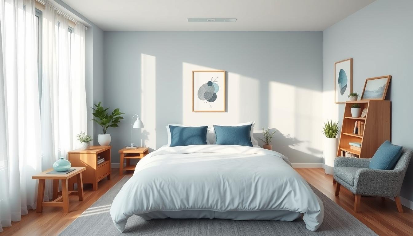 A cozy Japandi-inspired bedroom bathed in serene shades of blue. Soft, diffused lighting filters through large windows, casting a tranquil glow on the clean-lined furniture and textured, natural accents. In the foreground, a plush, minimalist bed with crisp white linens and blue-toned throw pillows invites relaxation. Surrounding it, a wooden nightstand, a freestanding bookshelf, and a small seating area with a comfortable armchair. In the background, a neutral-colored accent wall provides a calming backdrop, while potted plants and a simple, abstract artwork add pops of organic beauty. The overall atmosphere radiates a sense of Scandinavian-inspired coziness and Japanese-influenced minimalism.