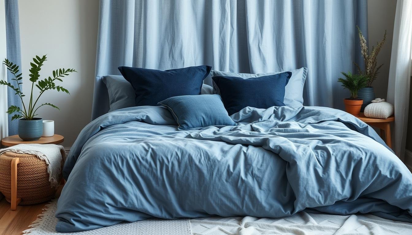 A cozy, Japandi-inspired blue bedroom with soft, layered textiles. A muted indigo blue comforter and matching linen curtains create a serene, calming atmosphere. Textural throw pillows in shades of navy, slate, and powder blue add depth and visual interest. Delicate white lace accents provide a gentle contrast. Natural wood tones and potted plants bring in an organic, Scandinavian vibe. Soft, diffused lighting casts a warm glow, highlighting the textural details. The scene exudes a sense of tranquility and quiet sophistication.