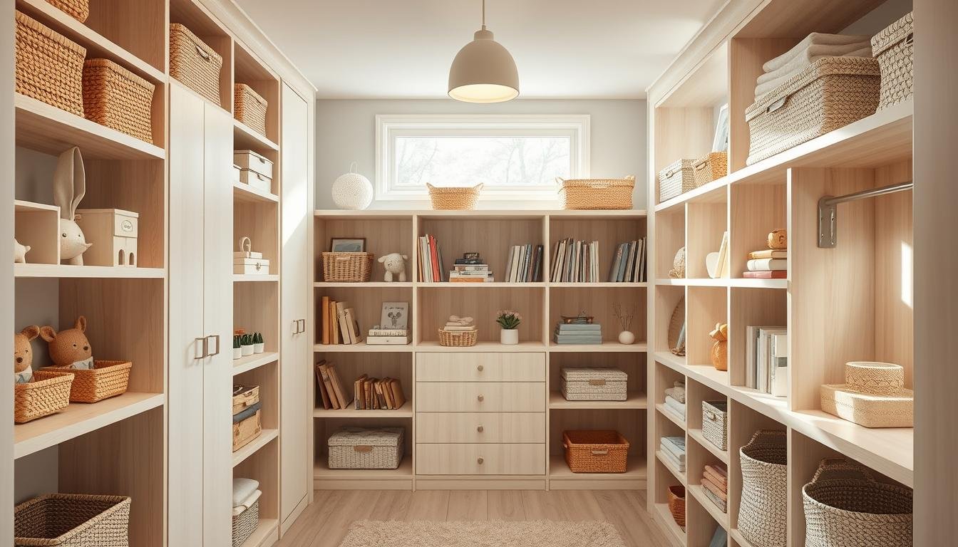 A cozy Japandi-inspired closet showcases the Nordic aesthetic, with clean lines, natural materials, and a minimalist design. Shelves and cubbies neatly organize children's toys, books, and school supplies, creating a serene and clutter-free environment. Soft, diffused lighting from overhead fixtures casts a warm glow, complementing the pale wood tones and neutral color palette. Textured baskets and organizers add tactile interest, while strategically placed windows allow natural light to flood the space, imbuing it with a sense of airiness and tranquility. The overall impression is one of effortless elegance and functionality, embodying the Scandinavian design principles of form, function, and simplicity. A cozy Japandi-inspired closet showcases the Nordic aesthetic, with clean lines, natural materials, and a minimalist design. Shelves and cubbies neatly organize children's toys, books, and school supplies, creating a serene and clutter-free environment. Soft, diffused lighting from overhead fixtures casts a warm glow, complementing the pale wood tones and neutral color palette. Textured baskets and organizers add tactile interest, while strategically placed windows allow natural light to flood the space, imbuing it with a sense of airiness and tranquility. The overall impression is one of effortless elegance and functionality, embodying the Scandinavian design principles of form, function, and simplicity.