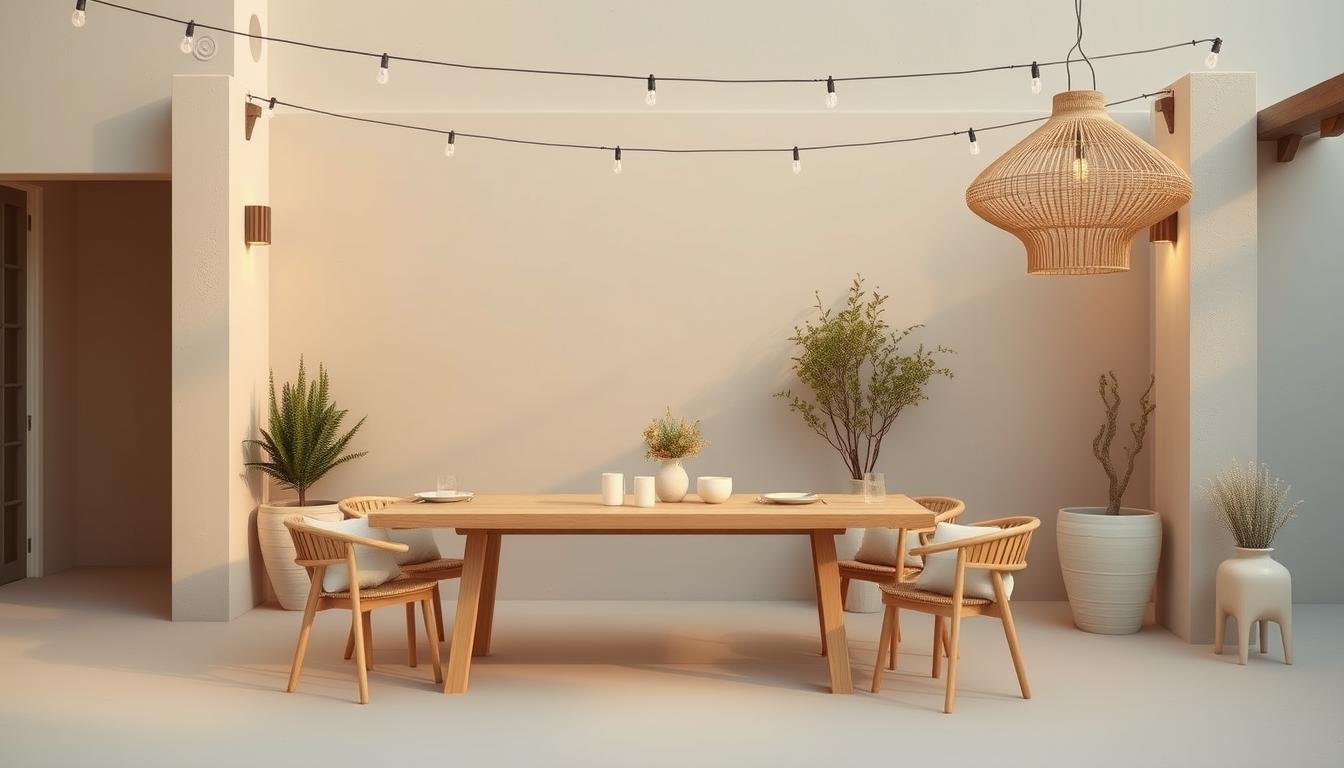 A cozy Japandi-inspired color palette for dwellstudio24 lighting fixtures. Soft, natural tones of sand, sage, and sky blue create a serene, minimalist ambiance. Diffused, warm lighting gently illuminates the scene, casting subtle shadows and highlights. A Scandinavian-inspired, clean-lined design aesthetic prevails, with simple, geometric shapes and an emphasis on craftsmanship. The overall mood is one of tranquility and understated elegance, perfect for a summer outdoor dining area. A cozy Japandi-inspired color palette for dwellstudio24 lighting fixtures. Soft, natural tones of sand, sage, and sky blue create a serene, minimalist ambiance. Diffused, warm lighting gently illuminates the scene, casting subtle shadows and highlights. A Scandinavian-inspired, clean-lined design aesthetic prevails, with simple, geometric shapes and an emphasis on craftsmanship. The overall mood is one of tranquility and understated elegance, perfect for a summer outdoor dining area.