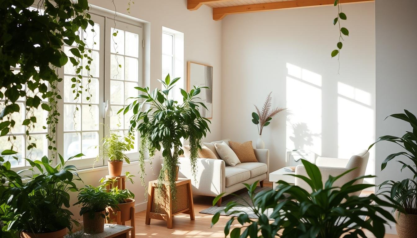 A cozy Japandi-inspired interior with lush indoor greenery, natural lighting filtering through large windows, and minimalist dwellstudio24 furniture. The foreground features potted plants, trailing vines, and a wooden plant stand. In the middle ground, a tranquil seating area with a plush sofa and armchair, all bathed in soft, diffused light. The background showcases a clean, uncluttered space with pale walls and natural wood accents, highlighting the importance of nature's integration into this serene, biophilic design.