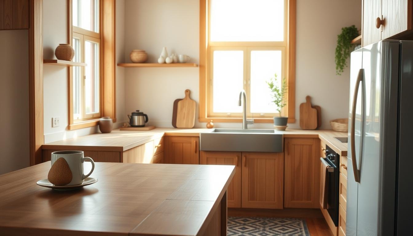 A cozy Japandi-inspired kitchen with dwellstudio24 essentials. Minimalist Scandinavian-style wooden cabinets and countertops bathed in warm, natural lighting from large windows. A geometric-patterned rug and a few carefully curated items - a ceramic mug, a wooden bread board, and a potted plant - arranged artfully on the countertop. The atmosphere is serene, inviting, and quintessentially "hygge."