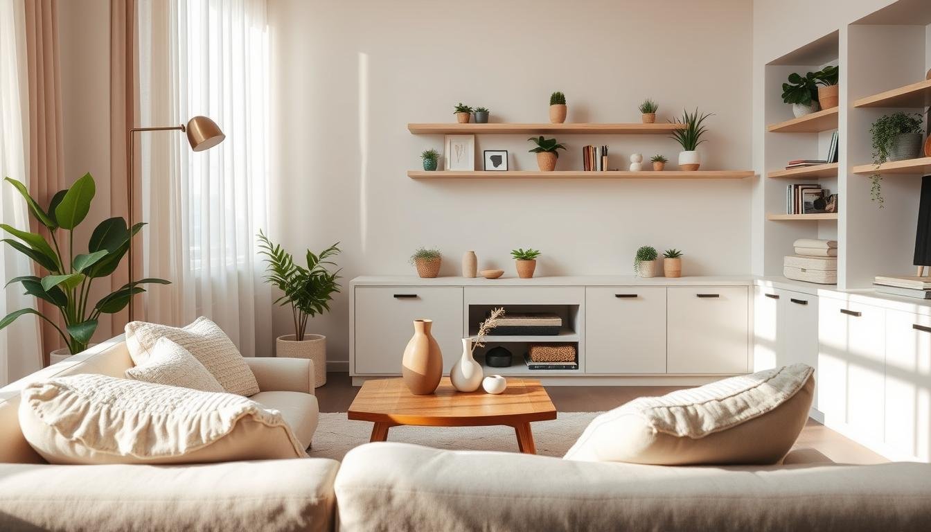 A cozy Japandi-inspired living room with a minimalist, Scandinavian aesthetic. Soft, natural lighting filters through sheer curtains, casting a warm glow. In the foreground, a plush, neutral-toned sofa with textured pillows invites relaxation. Midground features a low, wooden coffee table adorned with a dwellstudio24 vase and a few simple, decorative objects. The background showcases a wall of built-in shelves displaying potted plants, books, and other Nordic-style decor accents. The overall atmosphere is serene, cozy, and budget-friendly.