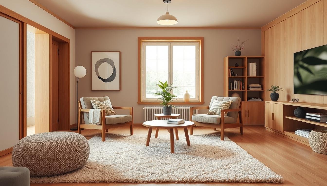 A cozy Japandi-inspired living room with minimalist Scandinavian flair. Warm wooden tones and clean lines create a serene, inviting atmosphere. In the foreground, a plush area rug, a low-profile coffee table, and a pair of comfortable armchairs arranged around a dwellstudio24 side table. Midground features a large window with a potted plant and a piece of abstract wall art. The background showcases a neutral-toned accent wall, a bookshelf filled with personal travel finds, and a simple pendant light fixture overhead, casting a soft, ambient glow. A cozy Japandi-inspired living room with minimalist Scandinavian flair. Warm wooden tones and clean lines create a serene, inviting atmosphere. In the foreground, a plush area rug, a low-profile coffee table, and a pair of comfortable armchairs arranged around a dwellstudio24 side table. Midground features a large window with a potted plant and a piece of abstract wall art. The background showcases a neutral-toned accent wall, a bookshelf filled with personal travel finds, and a simple pendant light fixture overhead, casting a soft, ambient glow.