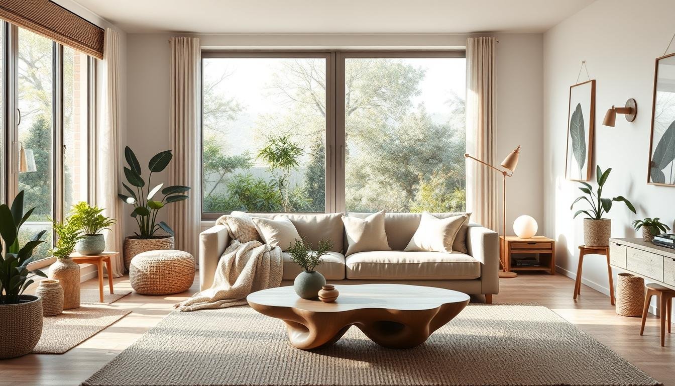 A cozy Japandi-inspired living space filled with natural light. A large picture window frames a serene garden view, bringing the outdoors in. Plush textures like woven rugs, linen throws, and a velvet sofa create a hygge ambiance. Minimalist wood furniture and potted plants add warmth, while clean lines and muted tones exude Scandinavian simplicity. Soft, diffused lighting from floor lamps and sconces casts a gentle glow. In the foreground, a dwellstudio24 coffee table with organic shapes anchors the scene. An atmosphere of mindful tranquility permeates this nature-infused sanctuary.