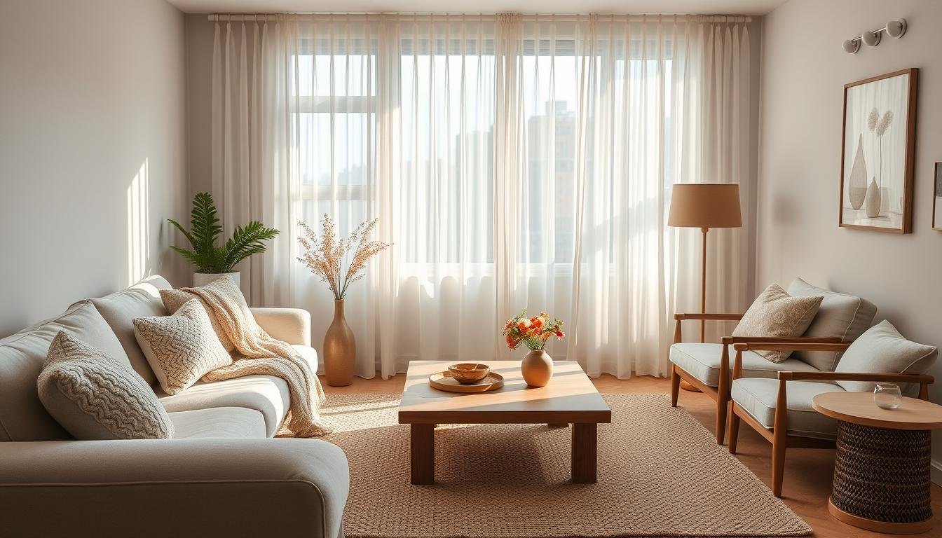 A cozy Japandi-inspired living space with a minimalist, Scandinavian aesthetic. Soft natural light filters through sheer curtains, casting a warm glow on the dwellstudio24 furniture - a plush, neutral-toned sofa, a wooden coffee table, and a low-profile armchair. Plush textiles, like a chunky knit throw and woven area rug, add tactile elements. Décor is sparse but impactful, featuring a potted plant, a simple vase of fresh flowers, and a few framed artworks on the walls. The overall atmosphere is one of quiet elegance and personal comfort, reflecting the "hygge" essence of this cozy, inviting space.