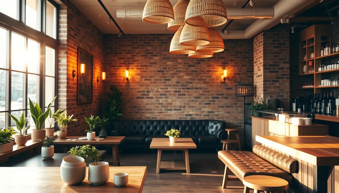 A cozy Japandi-style coffee bar, bathed in warm, golden light filtering through large windows. In the foreground, a sleek, minimal wooden counter with a smattering of potted plants and ceramic mugs. In the middle ground, plush leather seating and a low, natural wood table, inviting patrons to linger. The background features exposed brick walls, accented with brass sconces casting a soft, ambient glow. Overhead, a cluster of pendant lights with woven rattan shades hang in a rhythmic pattern, creating a sense of tranquility and hygge. The overall atmosphere evokes a harmonious blend of Scandinavian and Japanese design elements, evoking a relaxing, sophisticated café experience.