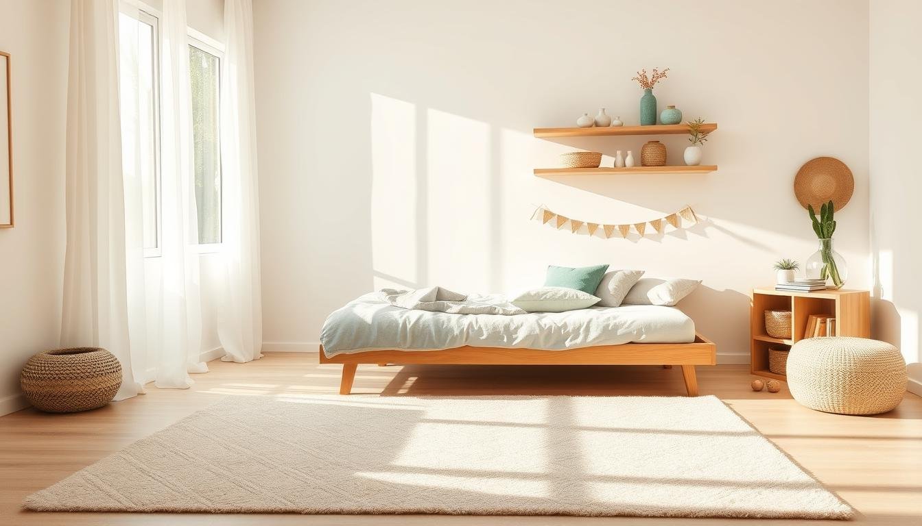 A cozy Nordic-inspired kids room with soft textiles and natural tones. A large window floods the space with warm, natural light, casting gentle shadows. In the foreground, a plush area rug in a subtle geometric pattern anchors the room. A low, minimalist wooden bed frame is topped with linen bedding and pillows in muted greens and blues. Sheer white curtains billow softly. Japandi-style shelves display decorative ceramics, plants, and woven baskets. The overall mood is serene, calming, and inviting.
