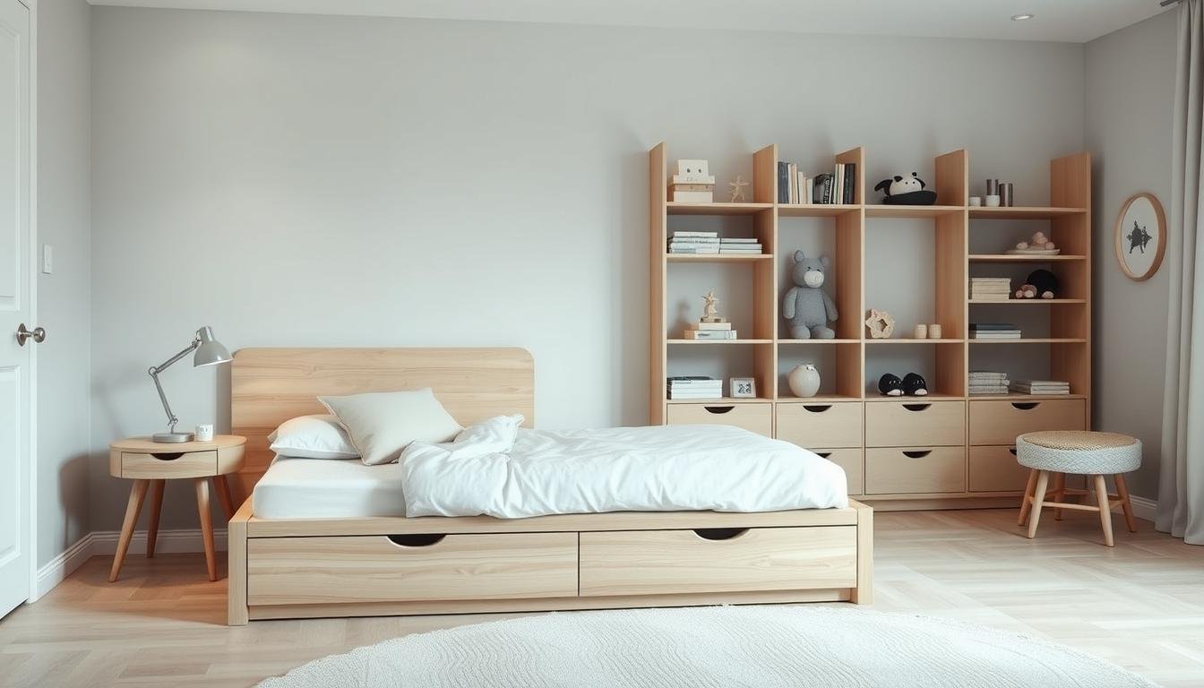 A cozy Nordic-style kids' room, showcasing clever storage solutions. In the foreground, a low-profile wooden bed frame with integrated drawers beneath, creating hidden storage space. A minimalist bedside table with a sleek lamp and a few carefully curated decor pieces. Across the room, a wall-mounted shelving unit with clean lines, displaying books, toys, and personal trinkets. Neutral color palette of whites, grays, and natural wood tones, accented by pops of soft pastels. Soft, diffused lighting illuminates the space, creating a calming, Japandi-inspired atmosphere. The room exudes a sense of understated elegance and functionality, embodying the Nordic design ethos.