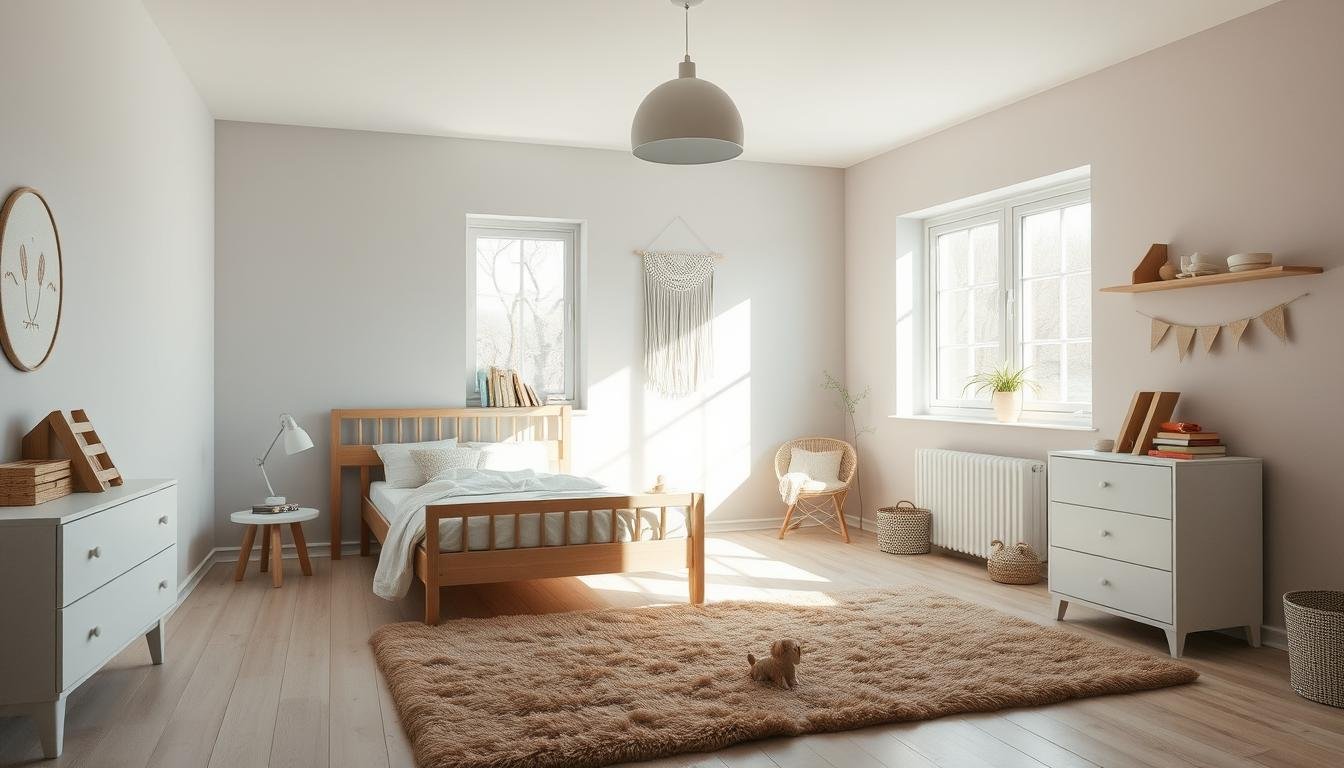 A cozy Scandinavian children's room, bathed in soft, natural light streaming through large windows. The color palette is a harmonious blend of muted tones - pale blues, dusty pinks, and warm neutrals. Minimalist Japandi-inspired furnishings, including a simple wooden bed frame and a sleek white dresser, create a serene, uncluttered atmosphere. Overhead, a modern pendant light casts a gentle glow, while a plush, textured rug in earthy hues grounds the space. Playful accents, such as a whimsical wall hanging and a row of colorful books, add pops of personality without overwhelming the overall calm and inviting ambiance.