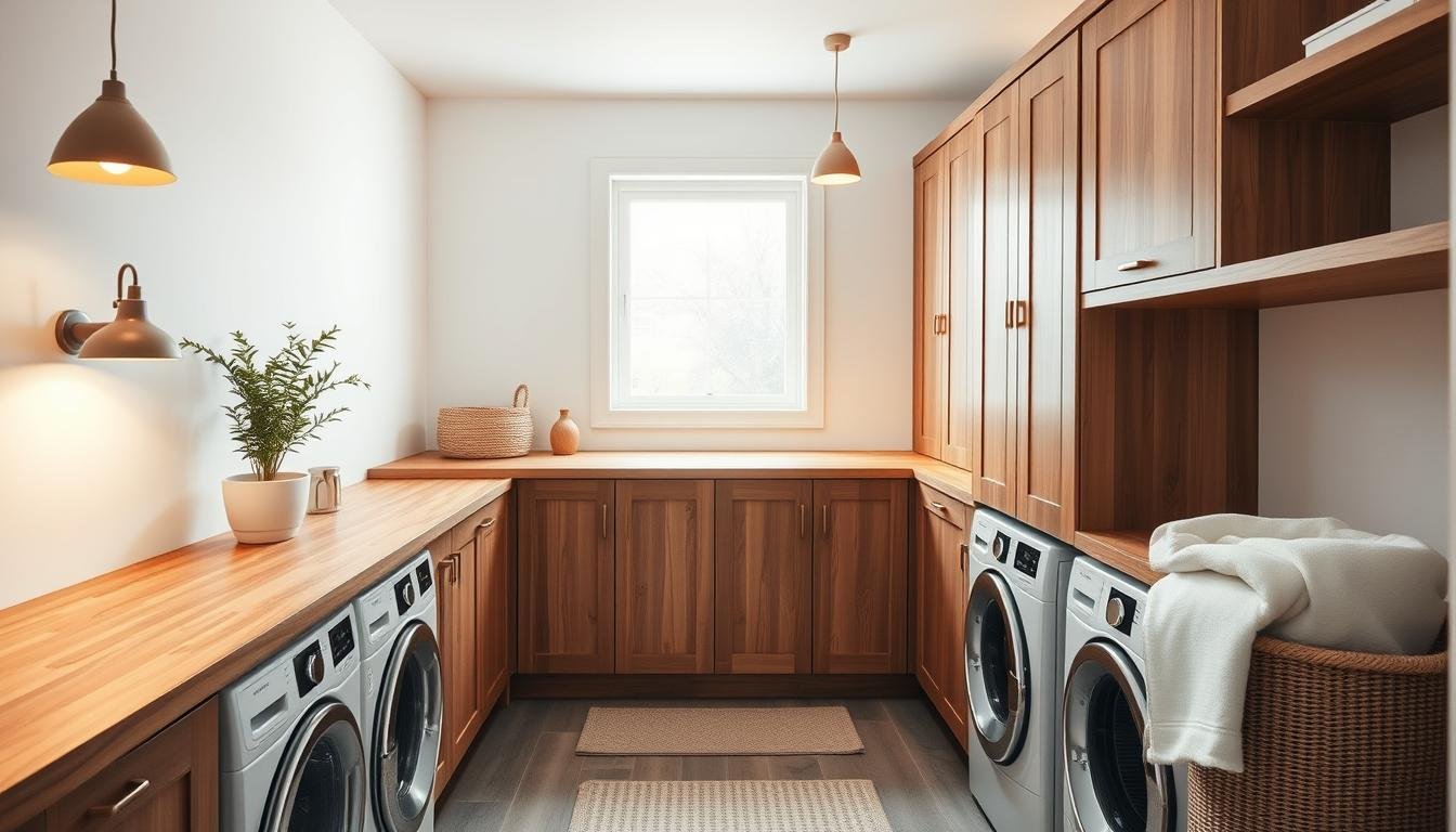 A cozy Scandinavian laundry room with integrated wooden elements. A wooden countertop spans the length of the space, seamlessly blending with the cabinetry. Warm lighting from minimalist pendant lamps casts a soft glow, highlighting the natural wood grain. The background features clean white walls and a single window, allowing natural light to filter in. Carefully curated decor, such as a potted plant and a neutral-toned laundry basket, add to the serene, functional atmosphere. Japandi-inspired with a focus on simplicity and natural materials, this laundry room exudes a sense of Nordic charm.