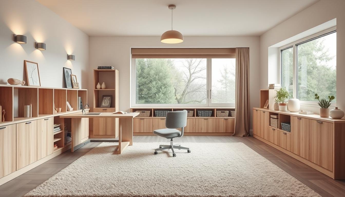 A cozy and functional Japandi-inspired kids room layout. In the foreground, a minimal yet ergonomic desk with clean lines and a natural wood finish, complemented by a cushioned task chair in a muted gray tone. In the middle ground, low-profile built-in shelving units line the walls, displaying various decorative items and storage baskets in earthy tones. A large, plush area rug in a neutral palette anchors the space, providing a soft and inviting play area. Indirect lighting from wall sconces and a central pendant fixture cast a warm, soothing glow, highlighting the room's Scandinavian-inspired aesthetic. The background features a large window overlooking a serene, nature-inspired view, blending the indoor and outdoor spaces seamlessly.
