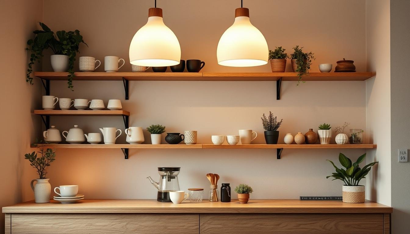 A cozy and inviting DIY Japandi-style coffee bar, featuring a minimalist wooden counter and shelves displaying a collection of artisanal mugs, ceramics, and potted plants. Warm, diffused lighting from overhead pendant lamps casts a soft glow, creating a serene and intimate atmosphere. The background showcases a neutral-toned wall, with a touch of natural texture, complementing the natural wood tones. The overall composition emphasizes the clean, streamlined design and the harmonious blend of Scandinavian and Japanese influences, resulting in a visually appealing and harmonious Japandi coffee bar setting.