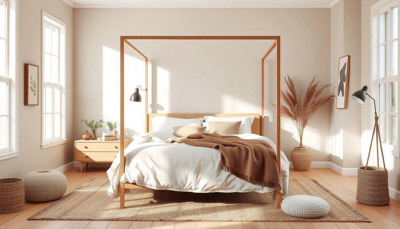 A cozy and inviting Japandi-inspired bedroom with a minimalist, Scandinavian-style aesthetic. A dwellstudio24 four-poster bed with clean lines and a neutral linen duvet takes center stage, bathed in soft, natural lighting from large windows. The room is decorated with textured throws, plush area rugs, and a few carefully curated decor pieces in earthy tones, creating a serene and harmonious atmosphere. The walls are painted in a calming, muted palette, complementing the overall Hygge-inspired design. A mid-century modern nightstand and a freestanding floor lamp add finishing touches to this cozy, Nordic-inspired sanctuary.