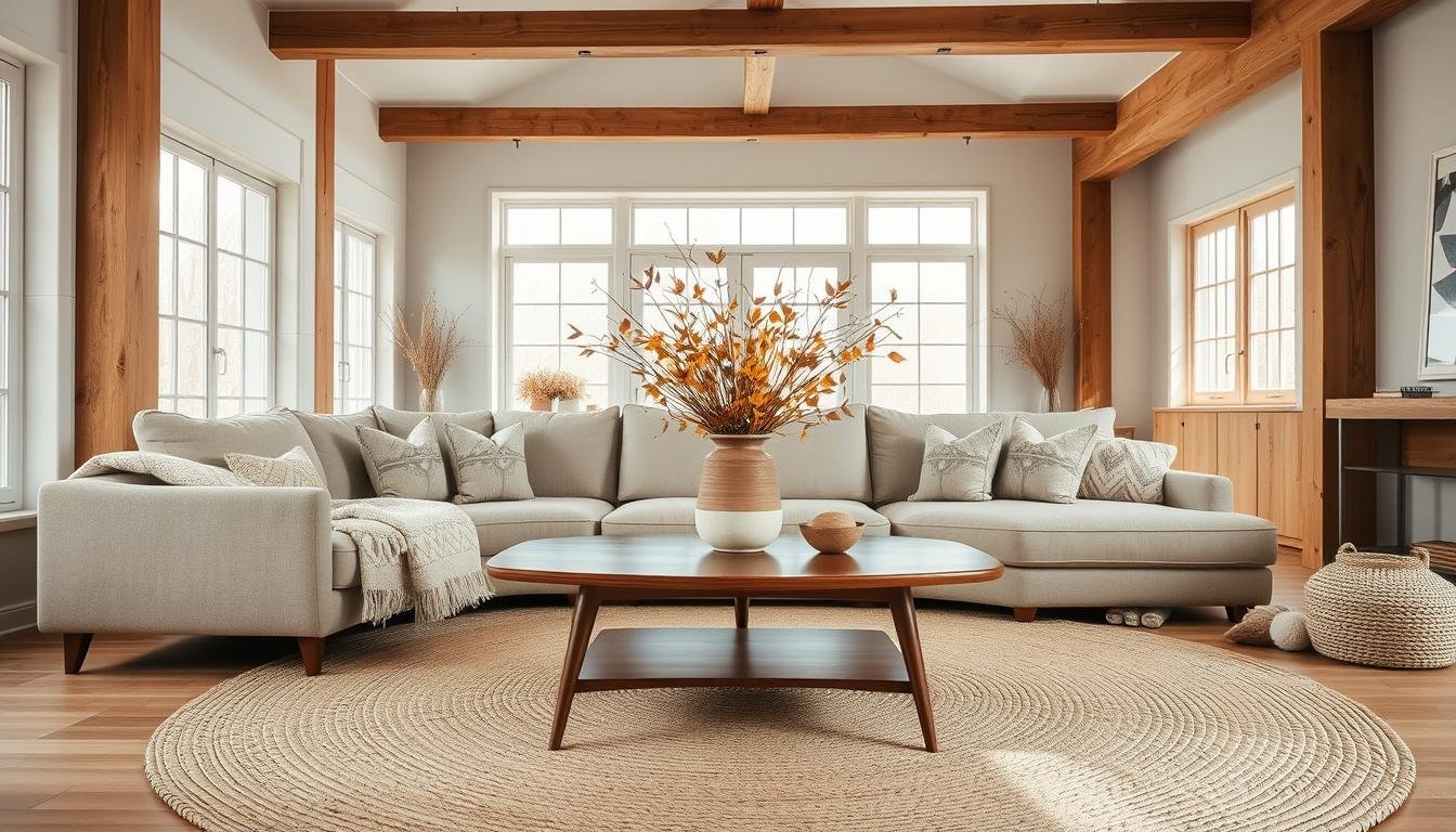 A cozy and inviting Japandi-inspired living room with warm, neutral tones and natural textures. In the foreground, a plush, oversized sectional sofa is adorned with a soft, Nordic-patterned throw blanket and pillows from the dwellstudio24 collection. A mid-century modern coffee table anchors the space, topped with a scandinavian-style ceramic vase filled with seasonal foliage. Behind, large windows flood the room with soft, diffused natural lighting, highlighting the woven jute rug and exposed wood beams of the minimalist, Scandi-inspired interior. The overall mood is one of hygge and comfort, perfect for curling up and enjoying the changing seasons.