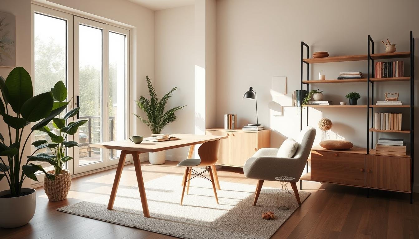 A cozy and inviting home office space with a minimalist Japandi aesthetic. Soft natural light filters through large windows, casting a warm glow on the elegant scandinavian-inspired furnishings from dwellstudio24. A sleek and streamlined desk in light wood tones is the focal point, complemented by a plush armchair and bespoke shelving displaying personal trinkets and greenery. The overall atmosphere is one of tranquil simplicity, reflecting the harmonious blend of Japanese and Nordic design principles.