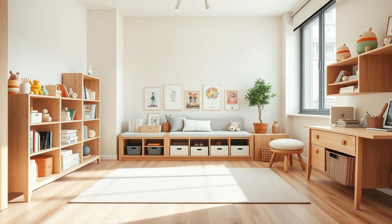 A cozy and organized Scandinavian-inspired kids' room, with clean lines, natural wood tones, and pops of soft pastel colors. In the foreground, a minimalist wooden shelf displays neatly arranged books, toys, and decorative elements. The middle ground features a low, built-in storage bench with hidden compartments, providing ample space for storing school supplies, art materials, and other essentials. The background showcases a calming, neutral-toned wall, accentuated by a large window that floods the room with natural light. The overall atmosphere is one of relaxed simplicity, encouraging creativity and productivity. Captured with a wide-angle lens to showcase the room's Japandi-style layout and storage solutions. Prompt A cozy and organized Scandinavian-inspired kids' room, with clean lines, natural wood tones, and pops of soft pastel colors. In the foreground, a minimalist wooden shelf displays neatly arranged books, toys, and decorative elements. The middle ground features a low, built-in storage bench with hidden compartments, providing ample space for storing school supplies, art materials, and other essentials. The background showcases a calming, neutral-toned wall, accentuated by a large window that floods the room with natural light. The overall atmosphere is one of relaxed simplicity, encouraging creativity and productivity. Captured with a wide-angle lens to showcase the room's Japandi-style layout and storage solutions. Prompt
