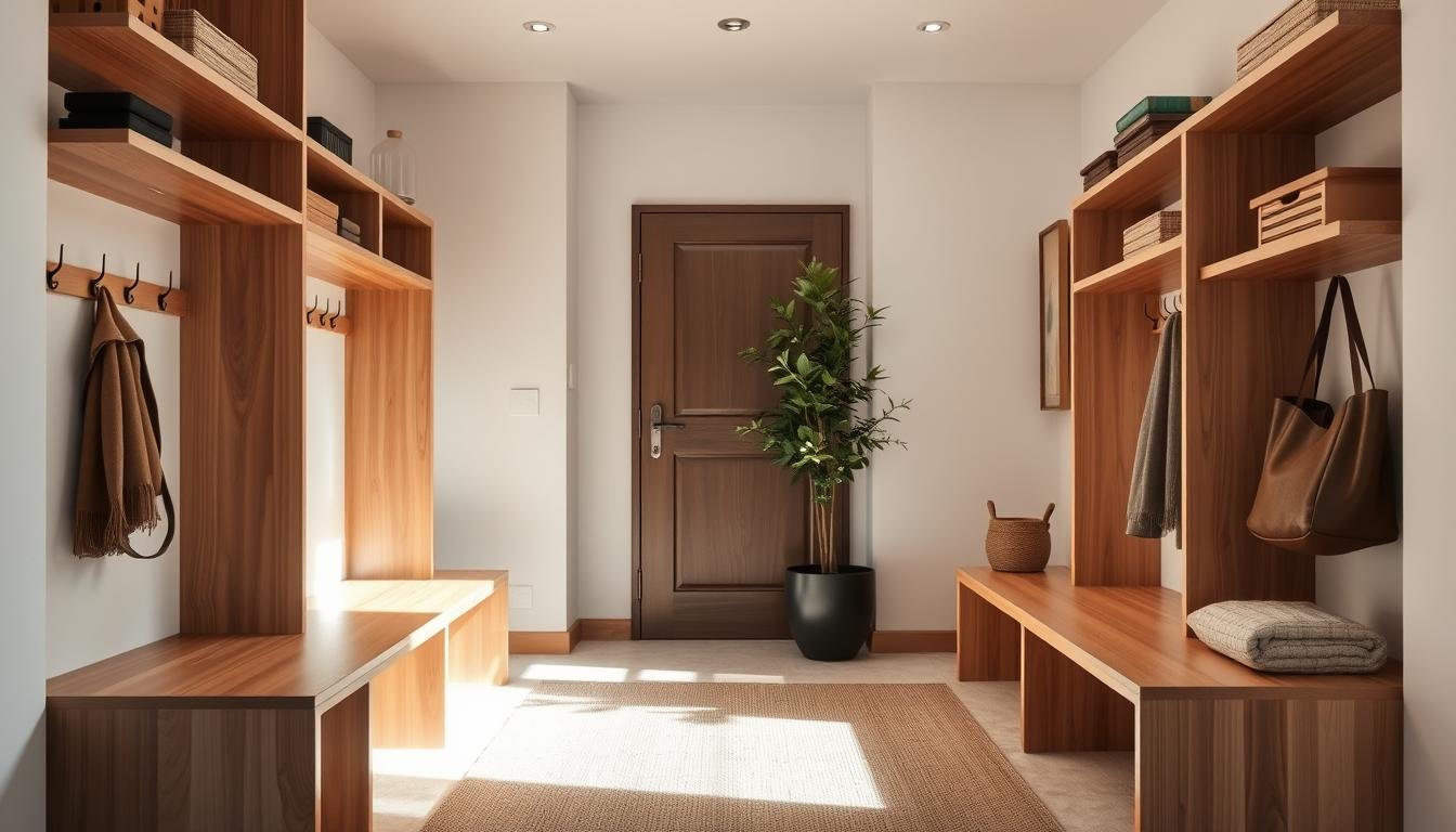 A cozy and organized entryway in a Japandi-inspired style, with sleek wooden benches, neatly arranged shelves, and subtle accent lighting. The scene features a minimalist aesthetic, highlighting clean lines and natural materials. Discrete hooks and storage solutions keep the space clutter-free, while a large mirror and a lush indoor plant add depth and balance to the composition. The overall atmosphere is calm, welcoming, and effortlessly chic, inviting visitors to step into a well-curated and functional home environment.