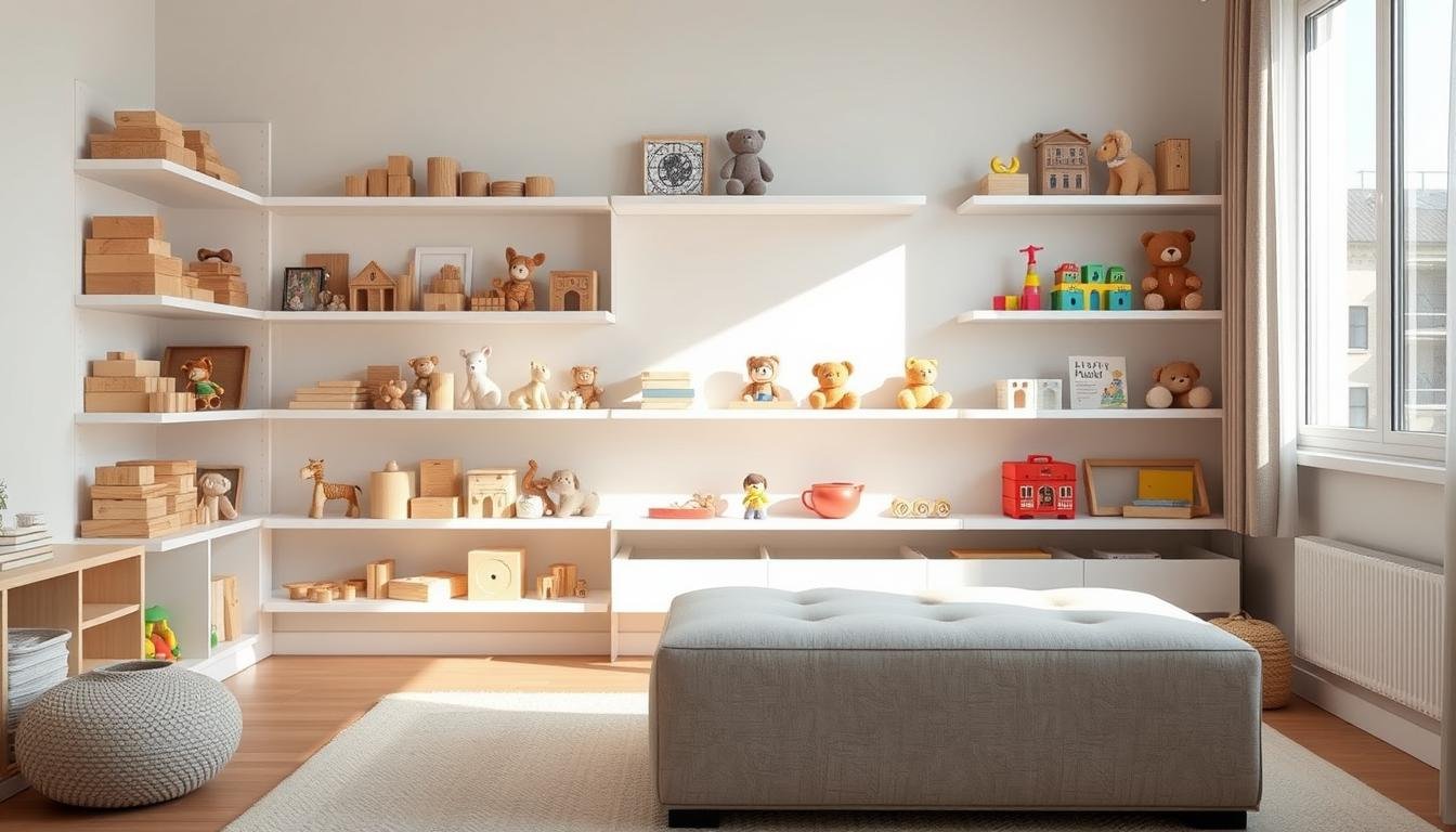 A cozy corner of a Japandi-styled room, sunlight filtering in through large windows. An assortment of children's toys neatly organized on sleek, minimalist shelves - wooden blocks, plush animals, and colorful building sets. The toys are arranged in a visually appealing manner, creating a sense of order and tranquility. In the foreground, a low-profile storage ottoman serves as both a seating area and a hidden compartment for additional toys. The overall atmosphere is one of calm and efficiency, reflecting the "Efficiently Organizing Toys" section of the article.