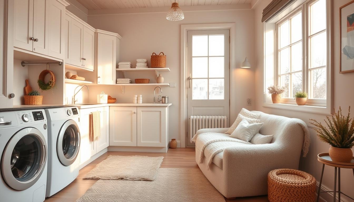 A cozy, hygge-inspired laundry room bathed in warm, soft lighting. The space features clean, minimalist Scandinavian decor with natural wood accents and soothing neutral tones. A plush, oversized armchair sits in the corner, inviting relaxation. Crisp white cabinetry and shelving provide ample storage, while a large window floods the room with natural light. Soft, textured rugs and throws add a layer of hygge-inspired comfort. The atmosphere is tranquil and serene, embodying the essence of Scandinavian design.