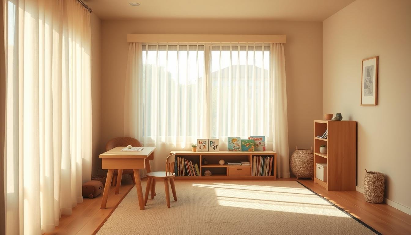 A cozy, minimalist Japandi-inspired kids room interior with warm natural lighting. In the foreground, a small, uncluttered workspace with a simple wooden desk and chair. In the middle ground, a low wooden bookshelf with a selection of children's books and a few decorative objects. The background features a large window with sheer curtains, allowing soft, diffused daylight to fill the space. The overall atmosphere is serene and calming, with muted earth tones and natural textures creating a soothing, mindful ambiance ideal for focused study and relaxation.