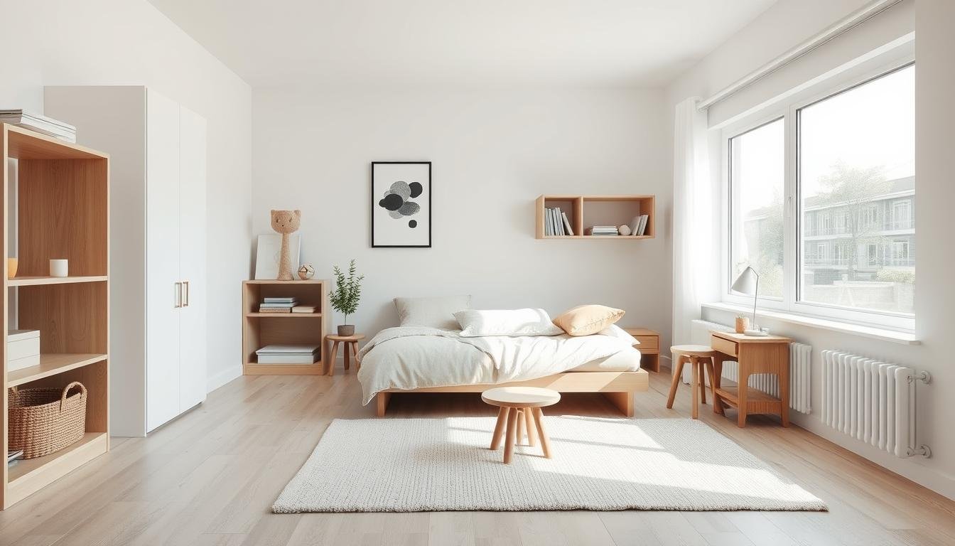 A cozy, minimalist Nordic-inspired kids room with a clean, Japandi-influenced aesthetic. A large window floods the space with natural light, casting a soft, diffused glow. Against a backdrop of crisp white walls and light wood floors, a simple, low-profile bed frame is adorned with plush linens in muted tones. Strategically placed shelves and storage cubbies maximize organization without cluttering the serene atmosphere. A small, round side table and a plush area rug add subtle textural elements. Accent pieces like a potted plant and a monochrome abstract art print inject pops of organic, Scandinavian-inspired style. The overall effect is a tranquil, functional haven perfect for a growing child.