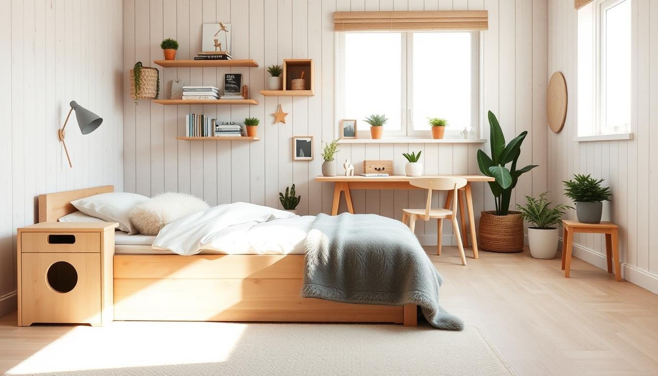 A cozy, minimalist Nordic-inspired kids room with a warm, natural color palette. In the foreground, a low wooden bed with a simple white linen duvet and a fluffy sheepskin throw. Flanking the bed, two small DIY plywood storage cubes with round cut-outs serve as nightstands. In the middle ground, a small wooden desk with a sleek Scandinavian chair, surrounded by simple, geometric wall shelves displaying books and decor. The background features whitewashed wood paneling, a large window flooding the space with soft, diffused natural light, and a handful of potted plants adding pops of greenery. The overall atmosphere is cozy, calm, and inviting, perfectly capturing the Japandi aesthetic.