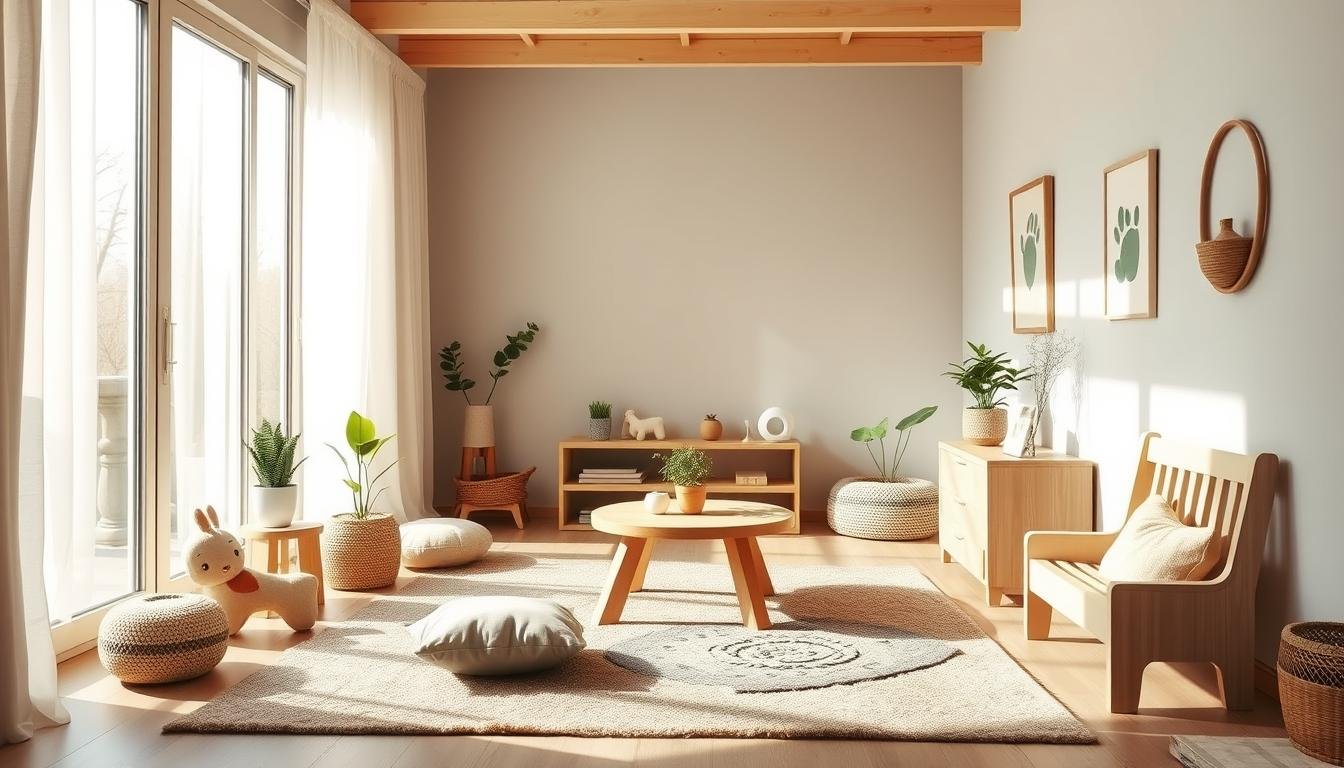 A cozy, sun-drenched Japandi-inspired kids room, bathed in soft natural light filtering through large windows. Pale wood furnishings, clean lines, and minimal decor create a calming, serene atmosphere. A plush area rug grounds the space, with a small table and cushions for playtime. Potted plants and simple wall art add organic touches. Soft, muted tones of sage, ivory, and ash blue create a soothing color palette. The room exudes a sense of tranquility and mindfulness, perfect for relaxation and imagination.