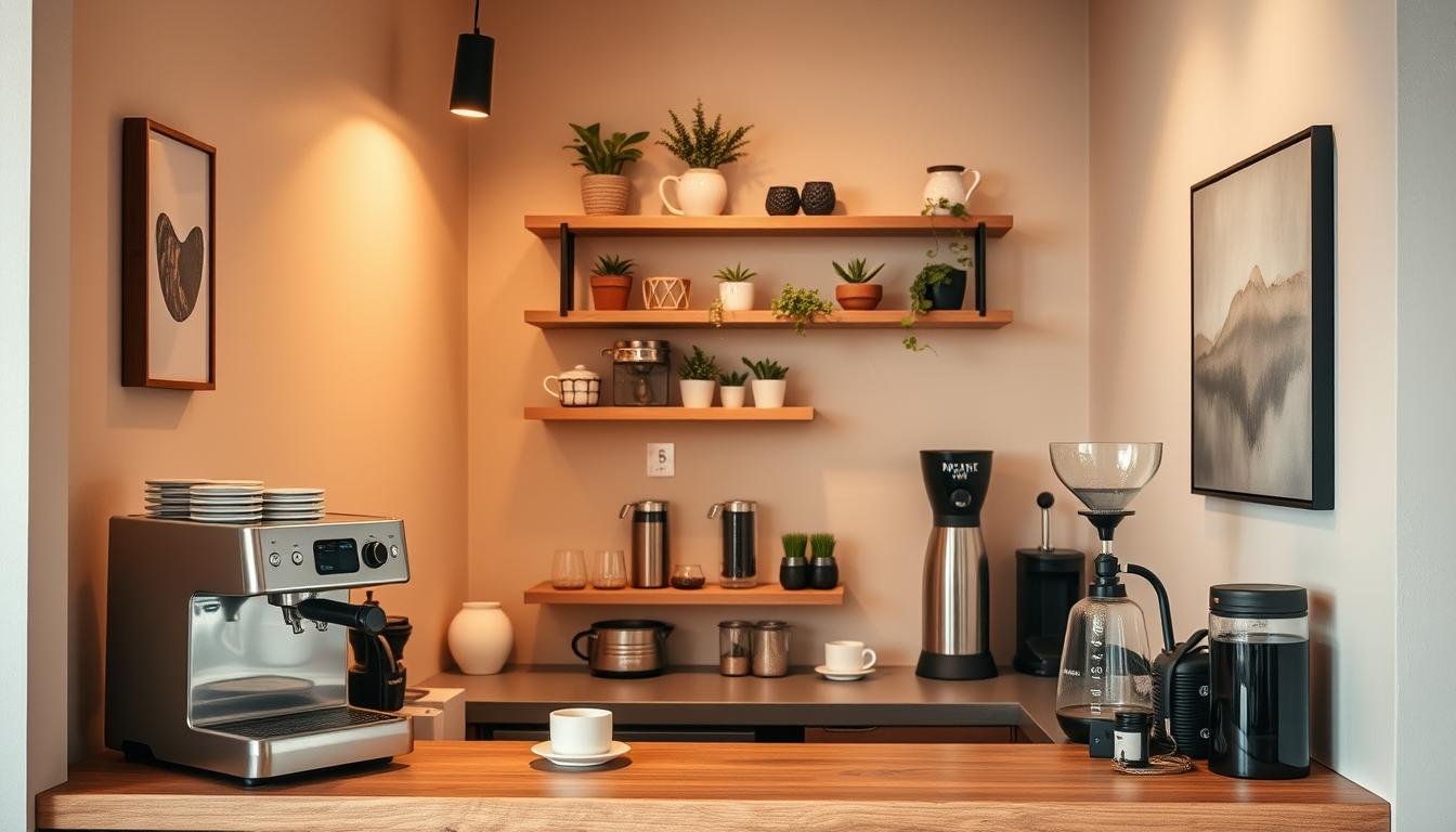A cozy, well-lit corner coffee bar with a Japandi-inspired design. In the foreground, a sleek, minimalist espresso machine sits atop a wood-grain countertop, accompanied by a selection of ceramic mugs and artisanal coffee syrups. The middle ground features a compact but functional bar setup, with floating wood shelves displaying an array of potted plants, small decor pieces, and a pour-over coffee station. The background showcases a warm, neutral-toned wall, perhaps with a touch of wood paneling or a muted, abstract artwork, creating a calming and inviting atmosphere. Soft, diffused lighting from overhead fixtures casts a gentle glow, enhancing the Japandi aesthetic. The overall composition should convey a sense of balance, minimalism, and a cozy corner perfect for enjoying a well-crafted cup of coffee.
