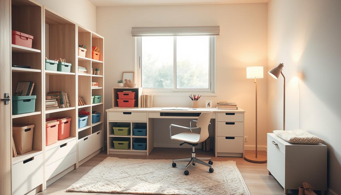 A cozy, well-organized Japandi-style homework zone for a child. Soft neutral tones, natural textures, and clean lines create a serene, focused environment. A compact, multifunctional desk with built-in storage compartments sits beneath a large window, allowing natural light to flood the space. Minimalist shelving units line the walls, housing colorful bins and boxes for school supplies. A plush rug and a comfortable, ergonomic chair complete the inviting setup. Indirect lighting from a floor lamp casts a warm glow, setting the mood for productive study sessions. The overall atmosphere is calming, practical, and tailored to a child's needs. Children's Playroom Storage and Organization system Ideas for Happy Kids