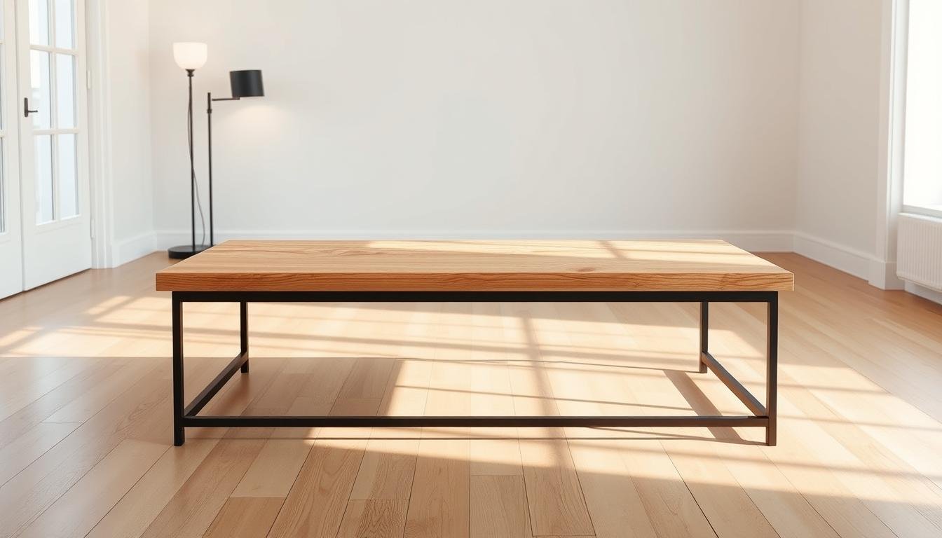 A freestanding Japandi-style coffee table with a minimalist design. The table features a solid oak top with a natural grain and a sleek, metal frame in a matte black finish. The frame has clean, straight lines and a lightweight, open-air appearance, creating a sense of airy elegance. The table is positioned in a bright, natural-light-filled room with white walls and hardwood floors, allowing the wood tones and metal accents to shine. Soft, indirect lighting from floor lamps casts a warm, cozy glow on the scene, enhancing the peaceful, refined atmosphere. The overall aesthetic is a harmonious blend of Japanese simplicity and Scandinavian functionality, resulting in a visually striking and versatile piece of furniture.