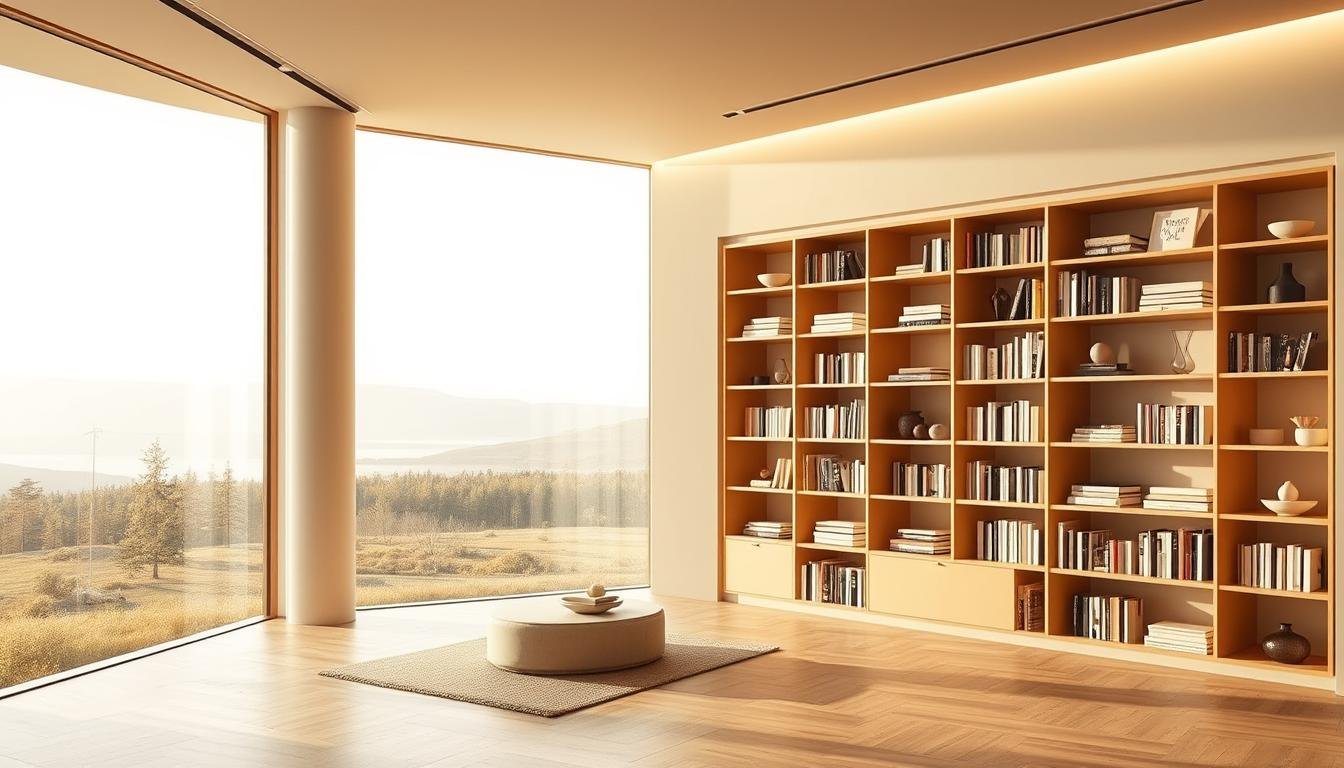 A futuristic Japandi-inspired interior design, featuring a sleek, minimalist bookshelf as the focal point. The space is bathed in warm, natural lighting, with large windows offering a panoramic view of a serene, Scandinavian-inspired landscape. The bookshelf stands tall, its clean lines and subtle textures creating a sense of harmonious balance. Carefully curated books and decorative elements adorn the shelves, reflecting the owners' refined tastes and love of the written word. The room's overall atmosphere is one of tranquility and understated elegance, hinting at the evolving role of bookshelves in the future of interior design.