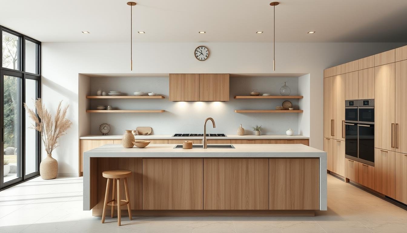 A kitchen interior with a serene Japandi aesthetic, featuring a minimalist scandinavian design. Soft, muted color palette of earthy tones and pale blues, complemented by natural wood and stone elements. Diffused, ambient lighting creates a tranquil atmosphere, highlighting the clean lines and organic textures. The composition focuses on the center island and countertops, showcasing the latest trends in finish combinations, such as a smooth, honed quartz surface paired with warm, light wood cabinetry. The overall scene conveys a sense of harmony and timeless elegance, reflecting the effortless sophistication of 2025 kitchen design.