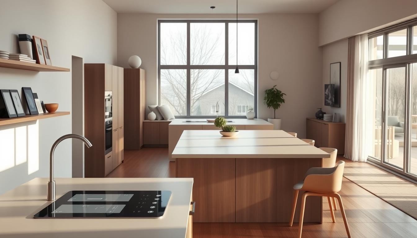 A meticulously organized digital kitchen in a serene Japandi style interior. The room is bathed in soft, natural light filtering through large windows, casting a warm glow on the minimalist, Scandinavian-inspired decor. In the foreground, a sleek, minimalist touchscreen display seamlessly integrated into the countertop provides digital control over various kitchen functions. Floating shelves along the walls hold neatly arranged digital tablets, smart home hubs, and other connected devices. The middle ground showcases a central island with clean lines and a subtly textured surface, complemented by ergonomic, Nordic-style barstools. In the background, the kitchen blends effortlessly with the rest of the open-concept living space, featuring muted tones, natural materials, and a sense of understated elegance. A meticulously organized digital kitchen in a serene Japandi style interior. The room is bathed in soft, natural light filtering through large windows, casting a warm glow on the minimalist, Scandinavian-inspired decor. In the foreground, a sleek, minimalist touchscreen display seamlessly integrated into the countertop provides digital control over various kitchen functions. Floating shelves along the walls hold neatly arranged digital tablets, smart home hubs, and other connected devices. The middle ground showcases a central island with clean lines and a subtly textured surface, complemented by ergonomic, Nordic-style barstools. In the background, the kitchen blends effortlessly with the rest of the open-concept living space, featuring muted tones, natural materials, and a sense of understated elegance.