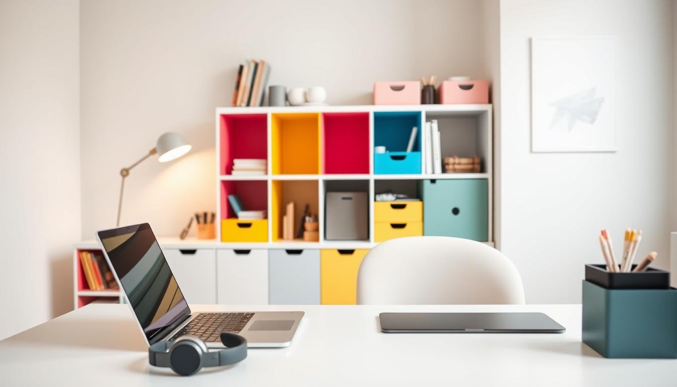 A minimalist, Japandi-inspired home office setup for a young, tech-savvy child. In the foreground, a clean, scandinavian-style desk with a sleek laptop, a tablet, and a pair of wireless headphones. The middle ground features colorful, modular storage units and organizers, neatly arranging various school supplies and digital accessories. The background showcases a serene, nordic-inspired wall decor, with muted tones and subtle geometric patterns, creating a calming, focused atmosphere. Soft, diffused lighting illuminates the scene, enhancing the sense of modern, digital organization. The overall composition emphasizes efficiency, minimalism, and a harmonious blend of technology and Scandinavian design aesthetics. A minimalist, Japandi-inspired home office setup for a young, tech-savvy child. In the foreground, a clean, scandinavian-style desk with a sleek laptop, a tablet, and a pair of wireless headphones. The middle ground features colorful, modular storage units and organizers, neatly arranging various school supplies and digital accessories. The background showcases a serene, nordic-inspired wall decor, with muted tones and subtle geometric patterns, creating a calming, focused atmosphere. Soft, diffused lighting illuminates the scene, enhancing the sense of modern, digital organization. The overall composition emphasizes efficiency, minimalism, and a harmonious blend of technology and Scandinavian design aesthetics.