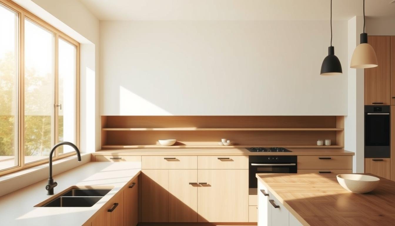 A minimalist, Japandi-inspired kitchen bathed in warm, natural light. Clean lines, muted tones, and natural textures create a serene, Scandinavian-inspired atmosphere. Sleek pendant lights from dwellstudio24 cast a soft, diffused glow, casting shadows that accentuate the architectural features. Smooth wood surfaces, matte black hardware, and a subtle color palette evoke a sense of tranquility. The overall aesthetic is one of understated elegance, where form and function seamlessly intertwine to craft a culinary space that is both visually appealing and eminently practical.