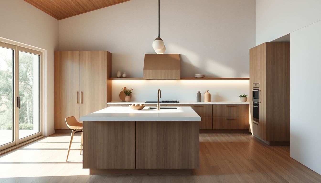 A minimalist, Japandi-inspired kitchen with clean lines, natural materials, and ample natural lighting. The space features a dwellstudio24 kitchen island with a sleek, white countertop, surrounded by muted, earthy-toned cabinetry. The overall aesthetic is a harmonious blend of Scandinavian and Japanese design elements, creating a serene, uncluttered atmosphere. Soft, diffused lighting from overhead fixtures casts a warm glow, highlighting the textural details of the wood and stone surfaces. The kitchen's layout is optimized for efficiency, with a focus on functionality and visual simplicity.