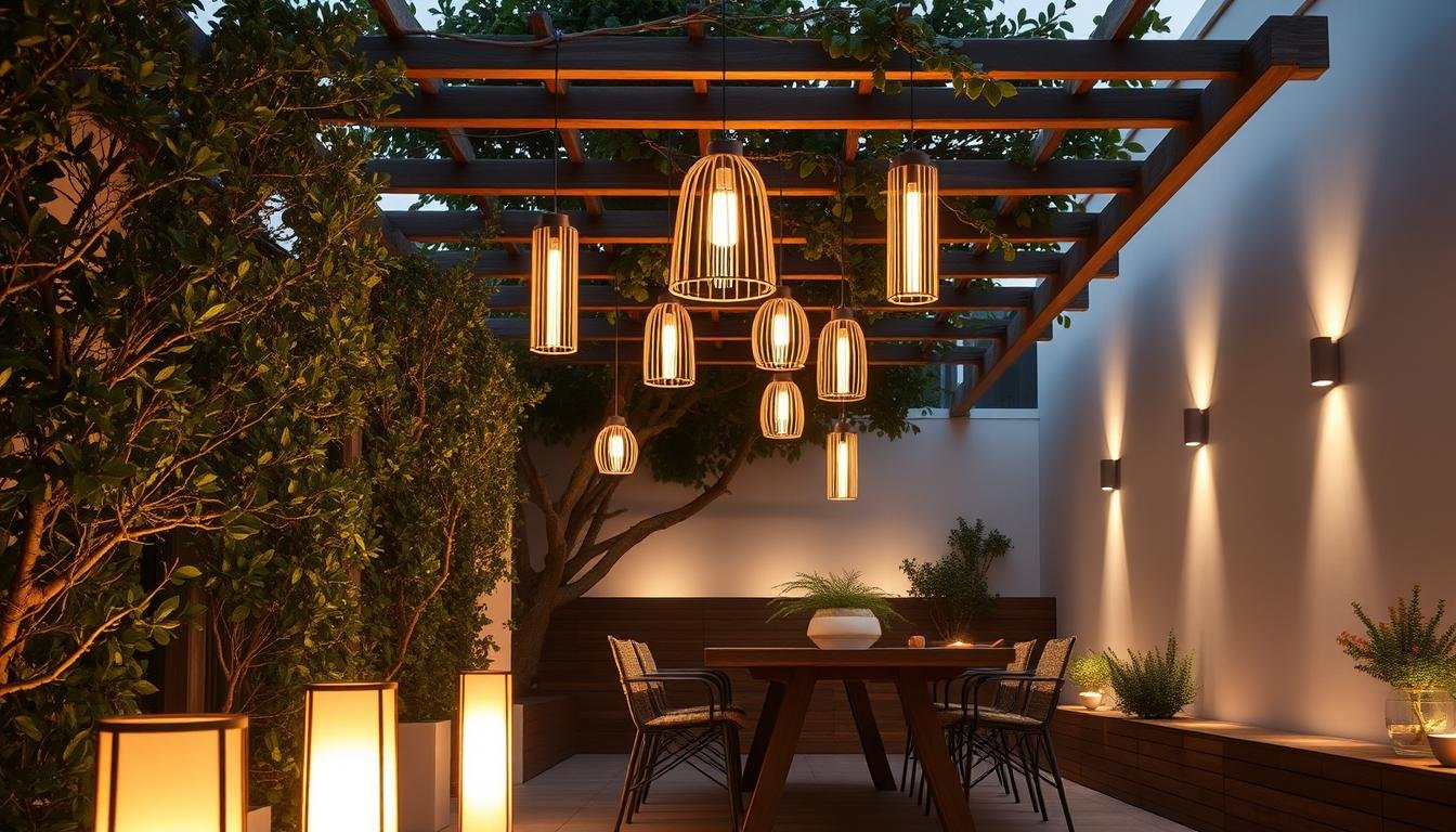 A minimalist Japandi-inspired outdoor lighting solution featuring the dwellstudio24 brand. In the foreground, a row of subtle, cylindrical floor lamps with warm, indirect lighting cast a cozy glow. In the middle ground, a cluster of slender, Scandinavian-style pendant lights hang from an overhead trellis, casting a soft, ambient light across the dining area. In the background, a row of recessed, flush-mounted wall sconces accentuate the clean, nordic aesthetic. The overall scene exudes a calming, Scandinavian-inspired ambiance perfect for summer gatherings. A minimalist Japandi-inspired outdoor lighting solution featuring the dwellstudio24 brand. In the foreground, a row of subtle, cylindrical floor lamps with warm, indirect lighting cast a cozy glow. In the middle ground, a cluster of slender, Scandinavian-style pendant lights hang from an overhead trellis, casting a soft, ambient light across the dining area. In the background, a row of recessed, flush-mounted wall sconces accentuate the clean, nordic aesthetic. The overall scene exudes a calming, Scandinavian-inspired ambiance perfect for summer gatherings.