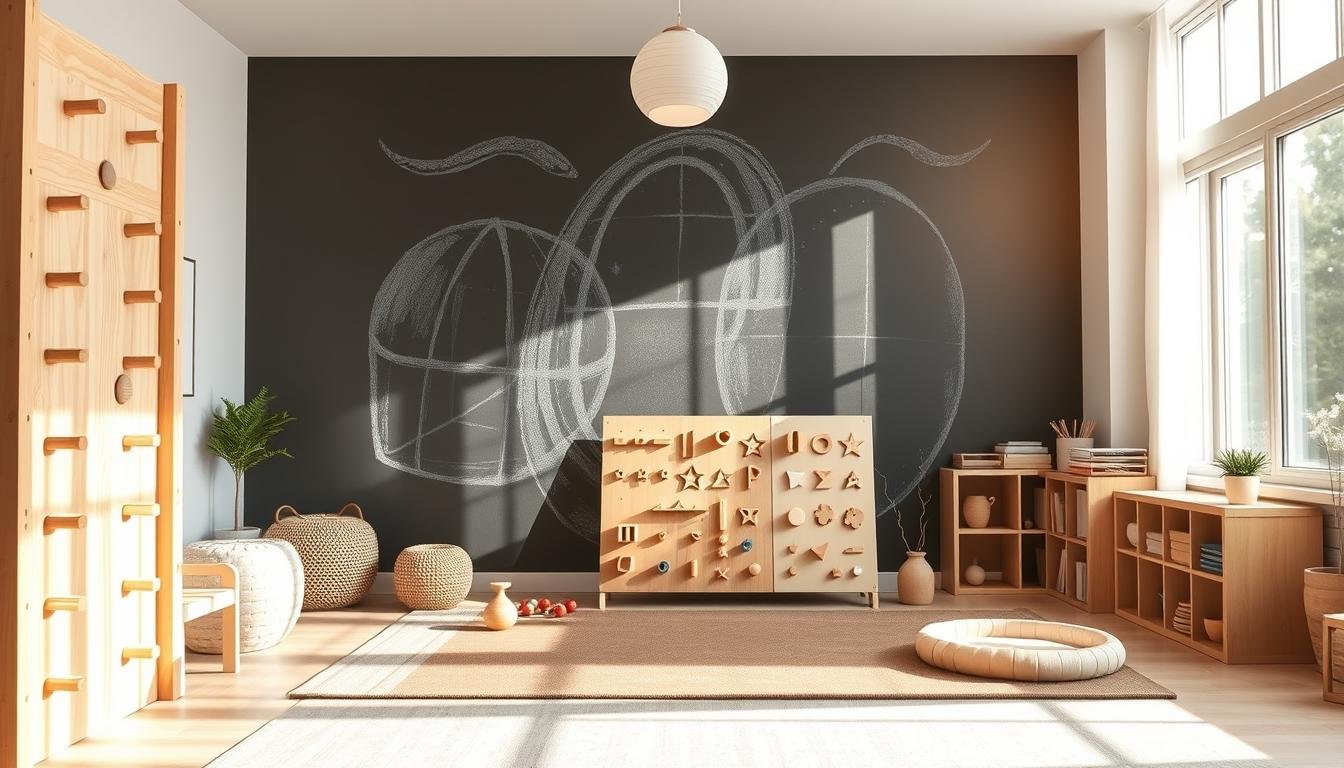 A minimalist, Japandi-inspired playroom filled with interactive, scandinavian-style elements. In the foreground, a dwellstudio24 wooden climbing wall invites kids to explore and climb. In the middle ground, a dwellstudio24 geometric activity board with moving parts and tactile shapes encourages sensory play. The background features a dwellstudio24 abstract chalkboard mural, casting a soft, nordic-inspired glow across the room. Warm, natural lighting filters through large windows, creating a serene, functional atmosphere perfect for summer days. A minimalist, Japandi-inspired playroom filled with interactive, scandinavian-style elements. In the foreground, a dwellstudio24 wooden climbing wall invites kids to explore and climb. In the middle ground, a dwellstudio24 geometric activity board with moving parts and tactile shapes encourages sensory play. The background features a dwellstudio24 abstract chalkboard mural, casting a soft, nordic-inspired glow across the room. Warm, natural lighting filters through large windows, creating a serene, functional atmosphere perfect for summer days.
