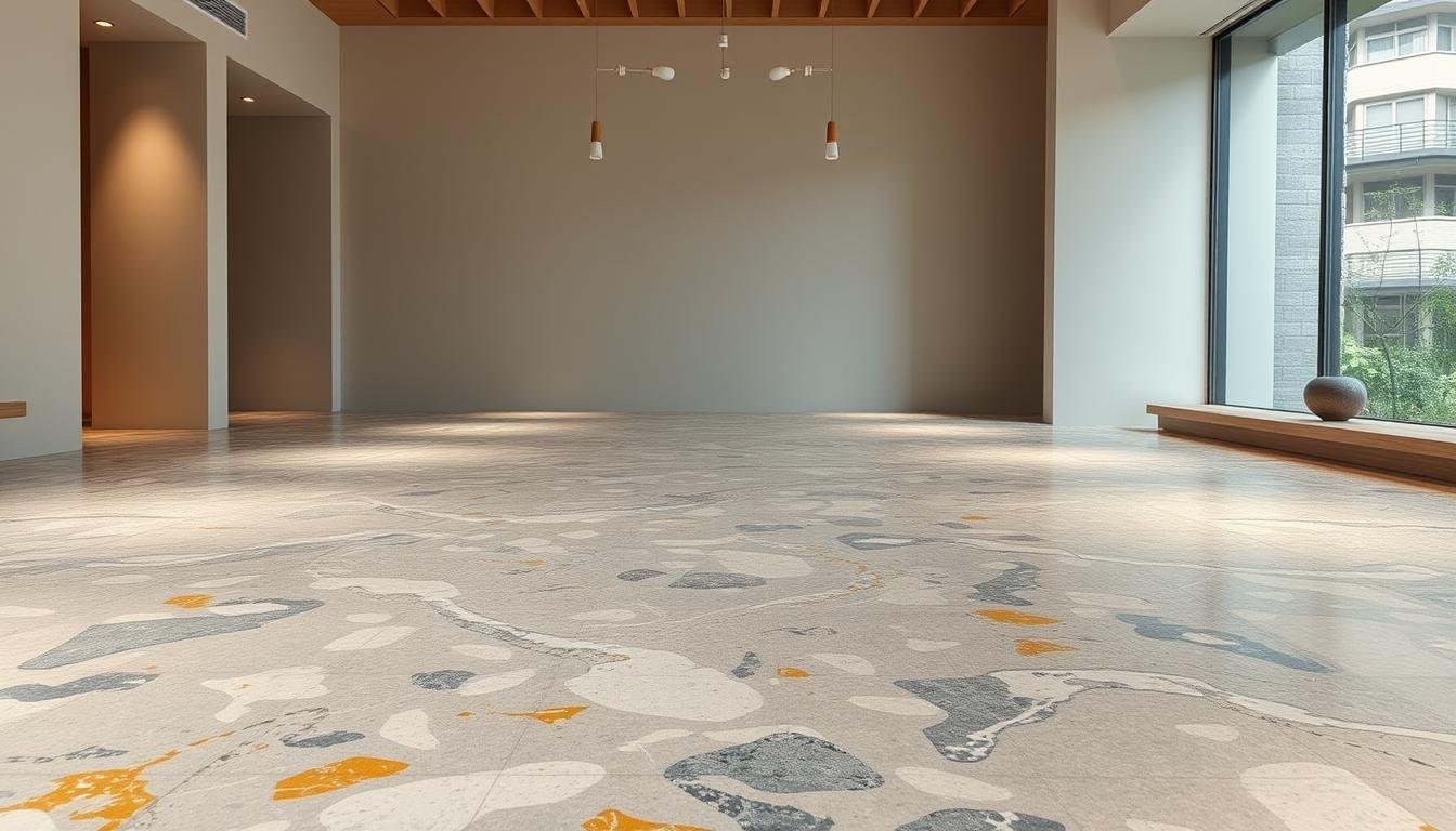 A minimalist Japandi-style interior with a striking terrazzo floor in shades of gray, white, and hints of earthy ochre. The flooring features a mesmerizing, organic pattern that spans the foreground and middle ground, creating a seamless visual experience. Soft, diffused lighting from overhead fixtures bathes the space in a warm, welcoming glow, highlighting the subtle textures and depth of the terrazzo. The background showcases clean, neutral-toned walls, allowing the captivating flooring to take center stage and transform the room into a serene, refined sanctuary. A minimalist Japandi-style interior with a striking terrazzo floor in shades of gray, white, and hints of earthy ochre. The flooring features a mesmerizing, organic pattern that spans the foreground and middle ground, creating a seamless visual experience. Soft, diffused lighting from overhead fixtures bathes the space in a warm, welcoming glow, highlighting the subtle textures and depth of the terrazzo. The background showcases clean, neutral-toned walls, allowing the captivating flooring to take center stage and transform the room into a serene, refined sanctuary.
