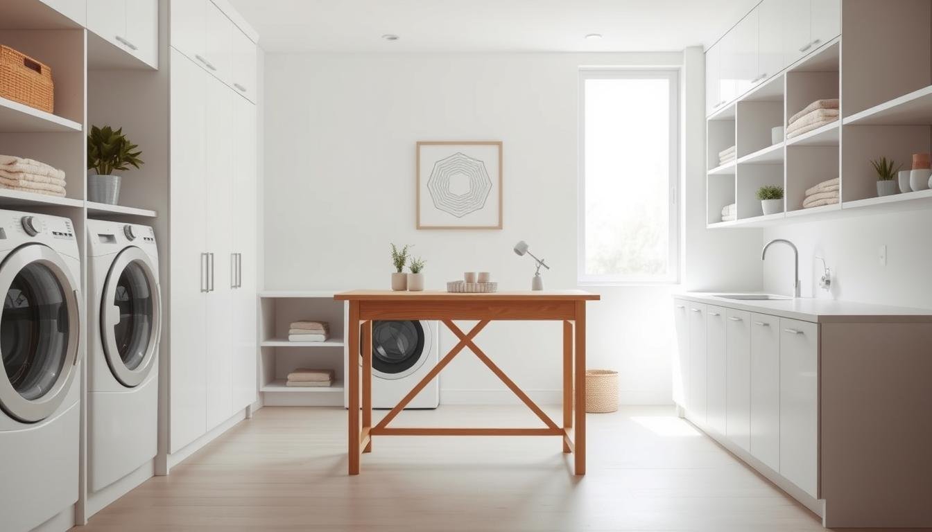 A minimalist, Scandinavian-inspired Japandi style laundry room with a multi-functional folding station. A large, wooden foldable table stands in the center, surrounded by sleek white cabinetry and shelves. Soft, diffused natural light filters in through a large window, creating a serene, calming atmosphere. Carefully placed accessories like potted plants and a simple, geometric wall decor add subtle pops of greenery and texture. The folding station features clean lines, ample workspace, and integrated storage for laundry essentials. Smooth, pale wood and muted color tones evoke a sense of minimalist, Scandinavian chic.