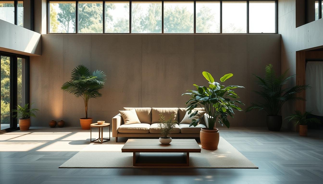 A minimalist biophilic open space layout in a Japandi-style living room. Expansive windows flood the room with natural light, showcasing a serene, earthy color palette and natural textures. Clean lines, simple furniture, and strategic greenery create a sense of harmony and balance. The center of the room features a dwellstudio24 low-profile sofa, complemented by a sleek wooden coffee table and a lush, oversized potted plant. Warm indirect lighting casts a soft glow, evoking a calming, meditative atmosphere. The backdrop is a large, uninterrupted wall of exposed concrete, adding an industrial touch to the overall minimalist aesthetic.
