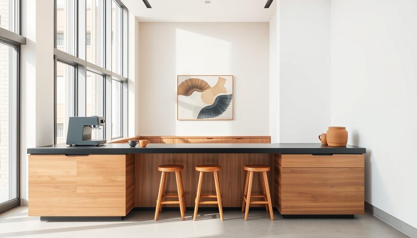 A modern, minimalist Japandi-inspired coffee bar set in a bright, airy space. In the foreground, a sleek, L-shaped wooden counter with clean lines and a matte black finish. Atop the counter, a minimalist espresso machine and a selection of ceramic mugs in earthy tones. In the middle ground, floor-to-ceiling windows flood the space with natural light, revealing a few simple wooden stools positioned along the counter. The background features a neutral-toned wall, accented by a single, large piece of abstract art in muted hues. The overall atmosphere is one of calm, refined elegance, reflecting the harmonious Japandi design aesthetic.