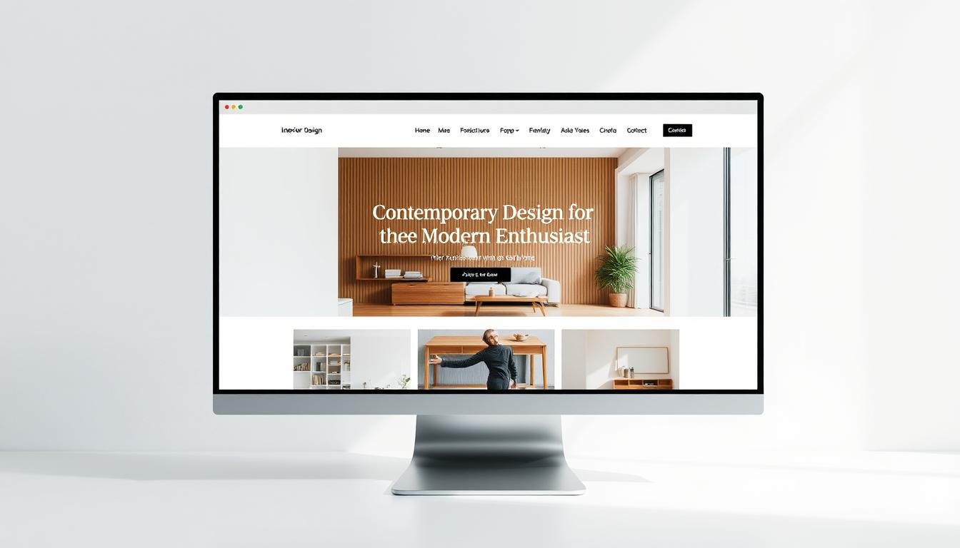 A modern, minimalist Japandi-style interior design website displayed on a sleek desktop computer screen. The website features clean lines, a muted color palette of whites, grays, and natural wood tones, and large high-quality images showcasing contemporary furniture, decor, and architectural elements. The screen is bathed in soft, diffused lighting, creating a calming, contemplative atmosphere. The overall impression is one of understated elegance and a focus on the design itself, reflecting the "Contemporary Design for the Modern Enthusiast" theme.