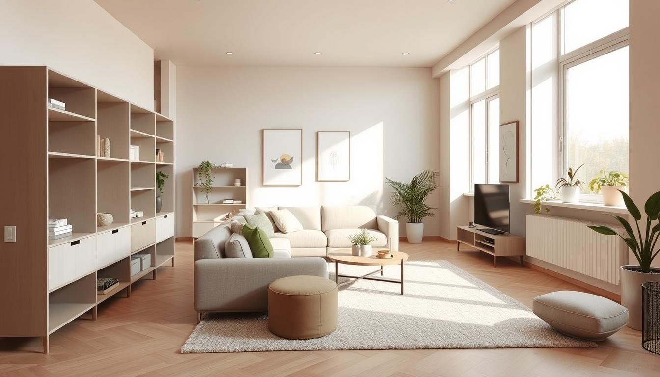 A modern, minimalist apartment interior with a chic, Japandi-inspired color palette. The scene features soft, muted tones of beige, gray, and subtle green accents, creating a calming, cozy atmosphere. Abundant natural light filters through large windows, casting warm, diffused illumination across the clean-lined furniture and decor pieces from the dwellstudio24 collection. Sleek, Scandinavian-style shelving units and a plush area rug anchor the midground, while the background showcases simple, Nordic-inspired wall art and potted plants. The overall mood is one of refined elegance and understated sophistication. A modern, minimalist apartment interior with a chic, Japandi-inspired color palette. The scene features soft, muted tones of beige, gray, and subtle green accents, creating a calming, cozy atmosphere. Abundant natural light filters through large windows, casting warm, diffused illumination across the clean-lined furniture and decor pieces from the dwellstudio24 collection. Sleek, Scandinavian-style shelving units and a plush area rug anchor the midground, while the background showcases simple, Nordic-inspired wall art and potted plants. The overall mood is one of refined elegance and understated sophistication.