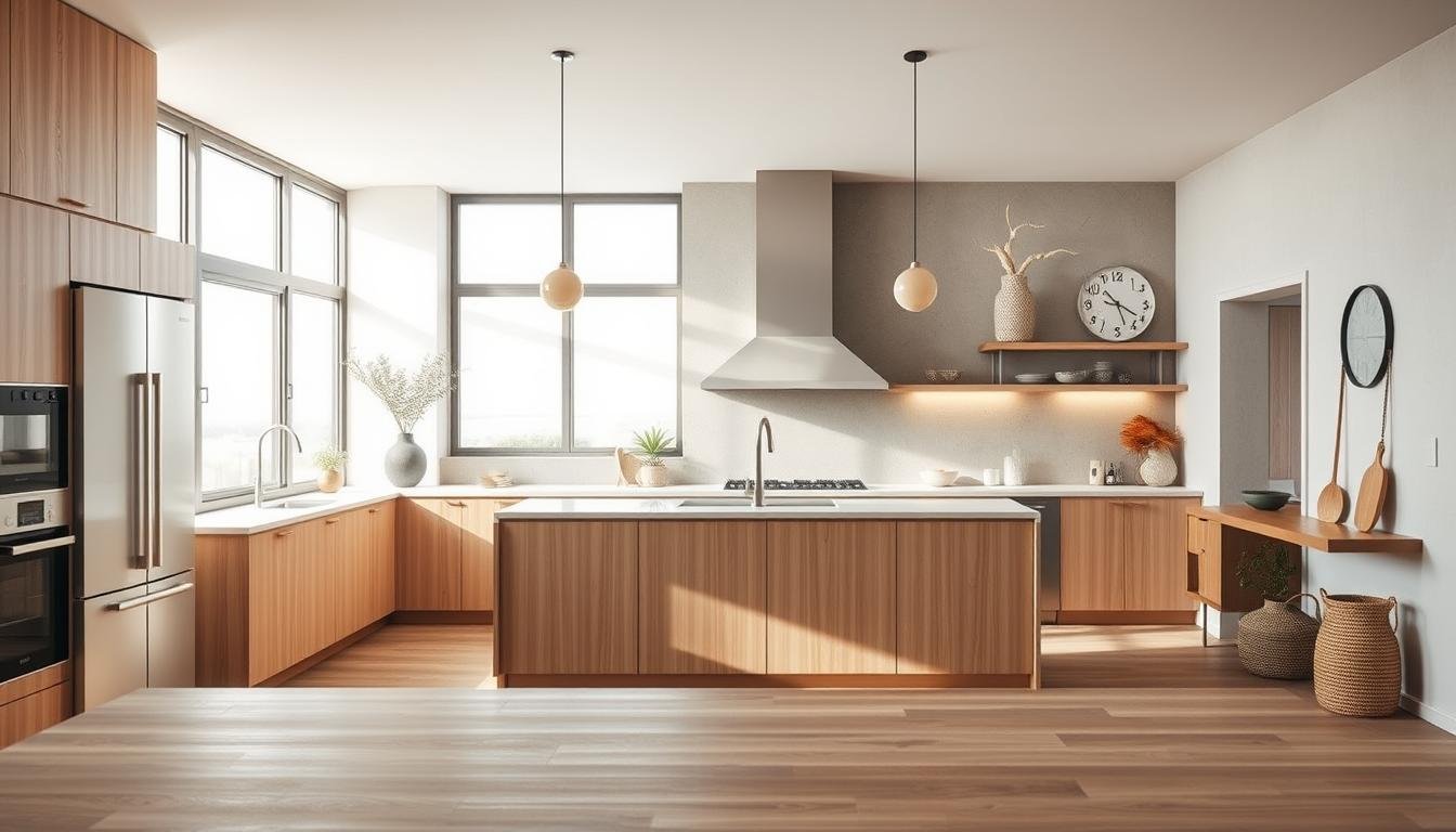 A modern, sustainable kitchen design in Japandi style. The foreground features clean lines, natural wood accents, and minimalist appliances. In the middle ground, a large window allows ample natural light to illuminate the space, while a sleek kitchen island with a quartz countertop anchors the layout. The background showcases earthy tones, textured walls, and carefully curated Scandinavian decor, creating a serene, Nordic-inspired atmosphere. Soft, diffused lighting casts a warm glow, enhancing the overall sense of environmental consciousness and relaxation. The entire scene conveys a balance of functionality, simplicity, and a deep respect for sustainable living.