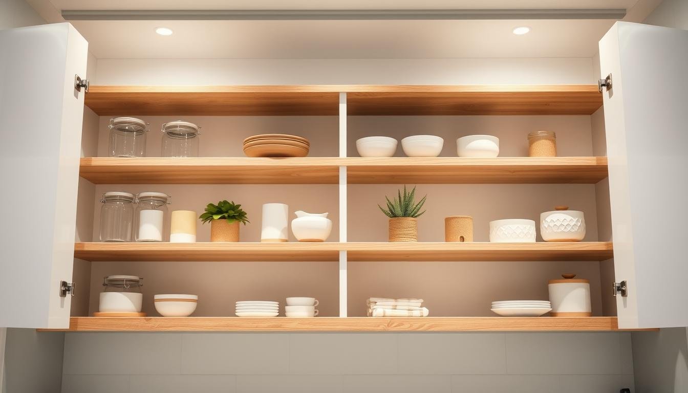 A neatly organized kitchen cabinet interior in a Japandi style. The shelves are arranged with symmetry, featuring minimalist wood and white accents. Soft, diffused lighting from above illuminates the clean, clutter-free layout. Glass jars, ceramics, and a few carefully placed plants create a serene, Scandinavian-inspired ambiance. The cabinet doors are sleek and Nordic in design, complementing the overall airy, functional aesthetic. The composition emphasizes the orderly, efficient storage solution, highlighting the beauty of a well-organized kitchen space.
