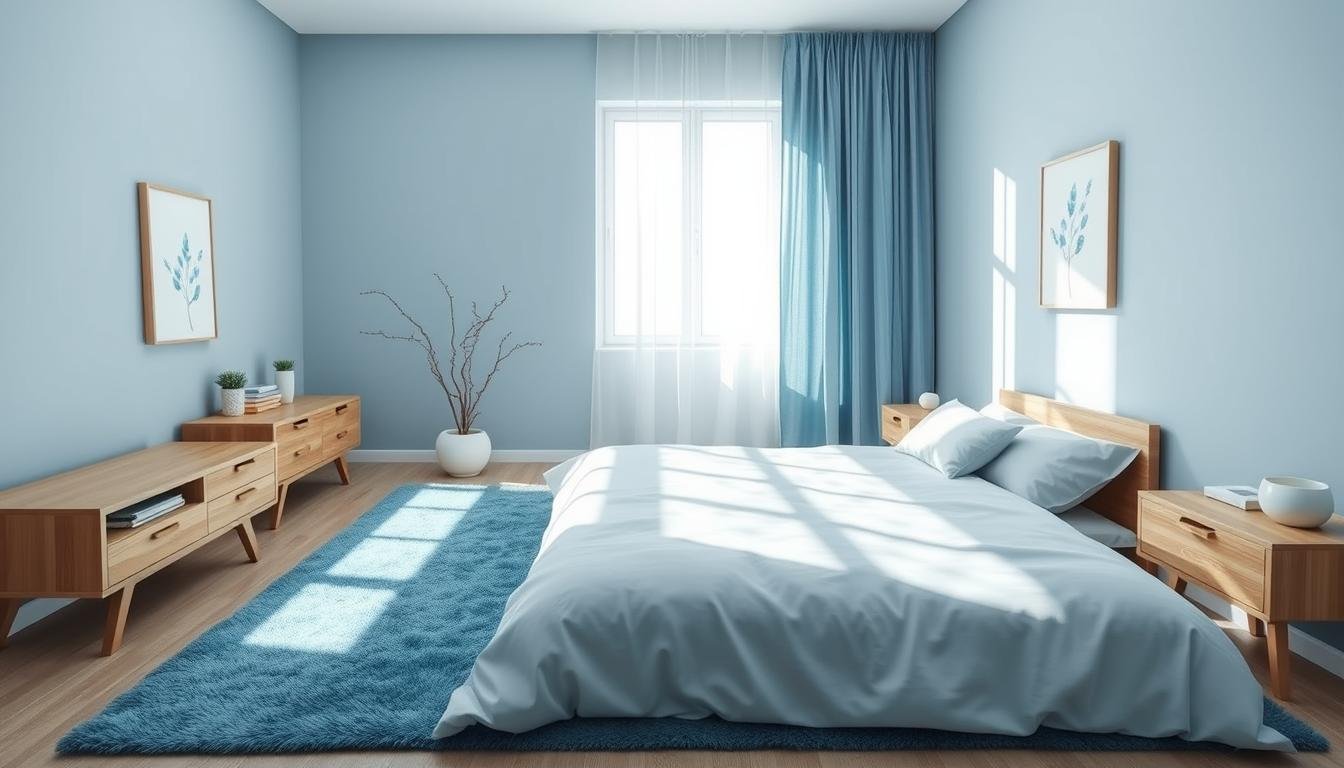 A serene Japandi bedroom oasis, bathed in tranquil blue tones. A minimalist, Scandinavian-inspired space with clean lines and natural textures. The soft, diffused lighting casts a calming glow, accentuating the muted blue walls and complementary accents. A plush, azure-hued rug grounds the scene, while delicate, blue-tinted artwork adorns the walls. Gentle shadows play across the smooth, wooden furniture, creating a serene, meditative atmosphere. Wispy, blue-gray curtains frame the scene, filtering the natural light and enhancing the overall sense of serenity. The camera captures this peaceful Japandi oasis, showcasing the ideal color palette for a tranquil, serene space.